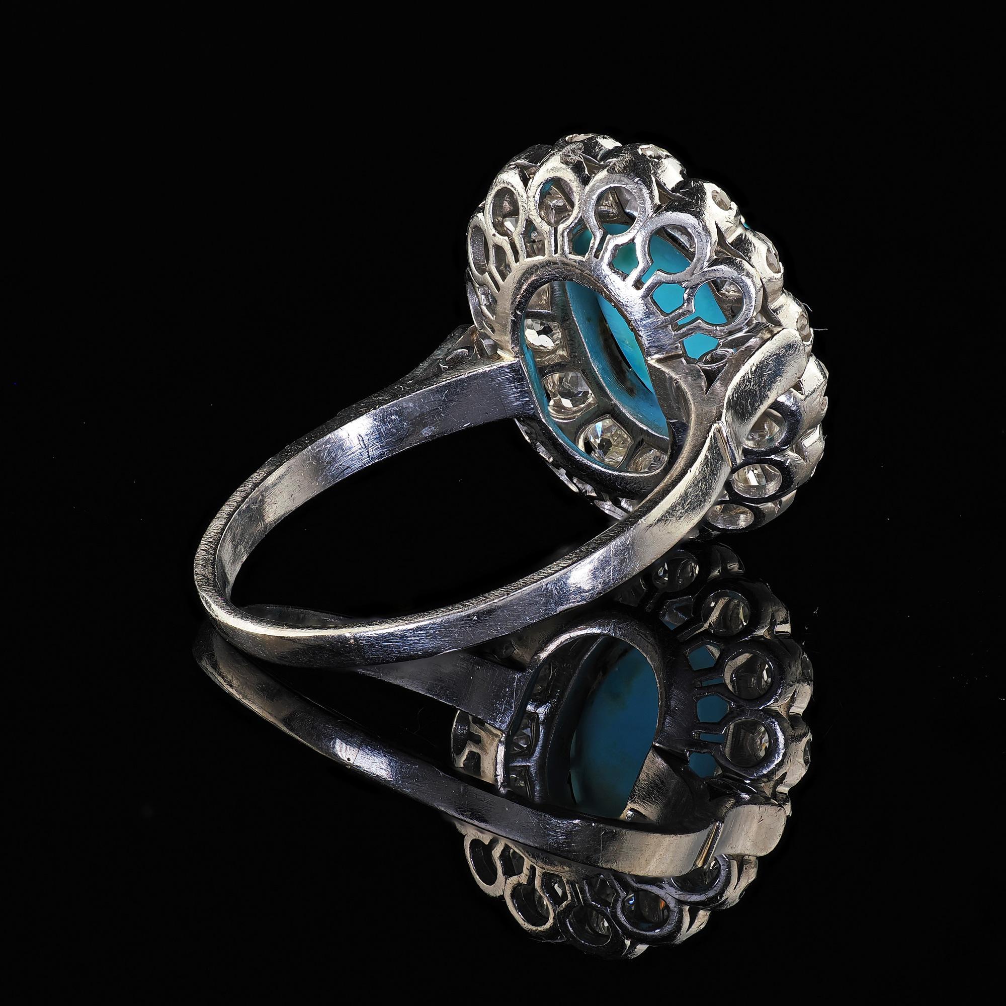 Bague cocktail d'affirmation Art déco ancienne en platine, diamant « Old Mine » et turquoise en vente 3