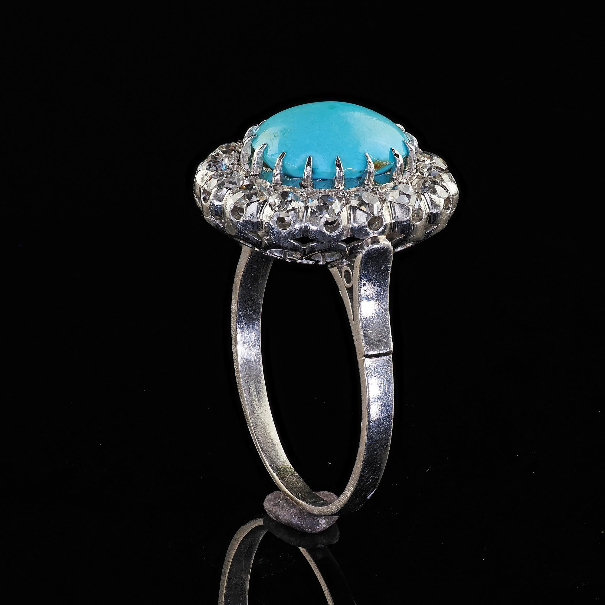 Bague cocktail d'affirmation Art déco ancienne en platine, diamant « Old Mine » et turquoise en vente 4