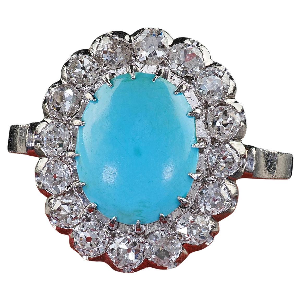 Antique Art Deco Platinum Old Mine Diamond and Turquoise Cocktail Statement Ring