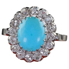 Antico anello da cocktail in platino Art Deco con diamante Old Mine e turchese