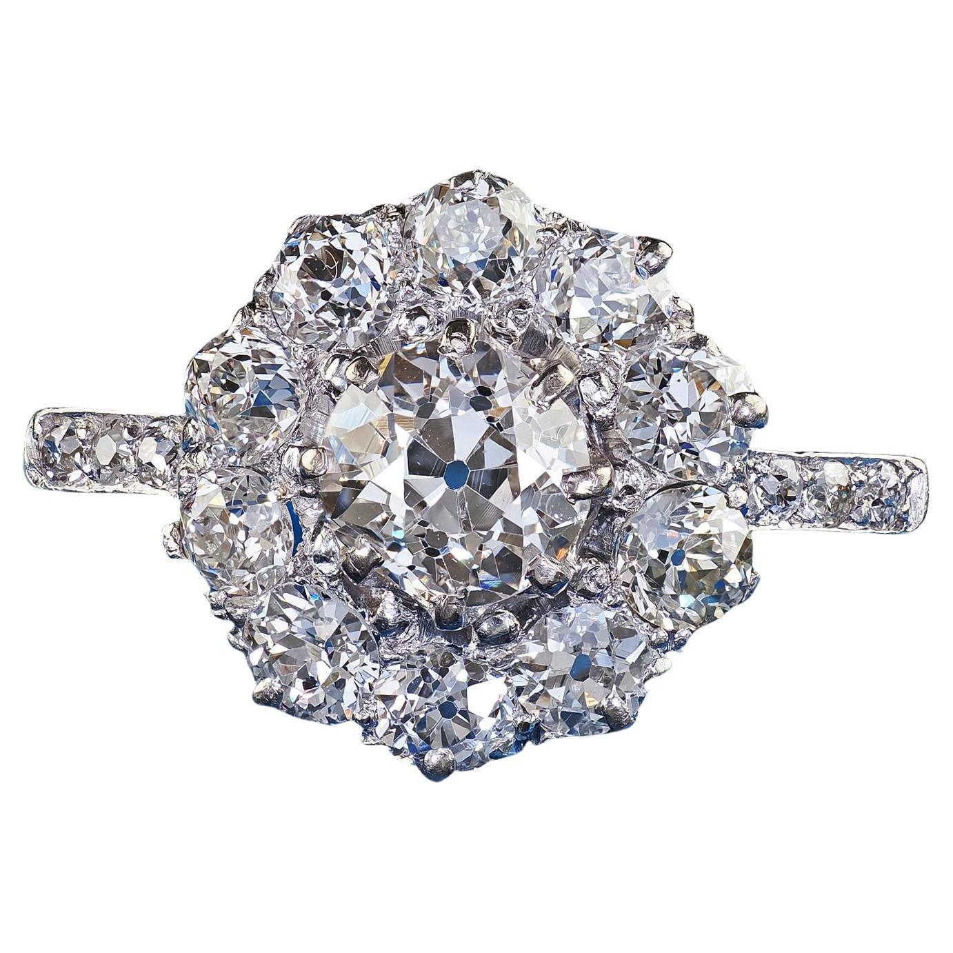 Antiguo Anillo de Compromiso Art Decó Platino Racimo de Diamantes Mina Vieja Halo en venta