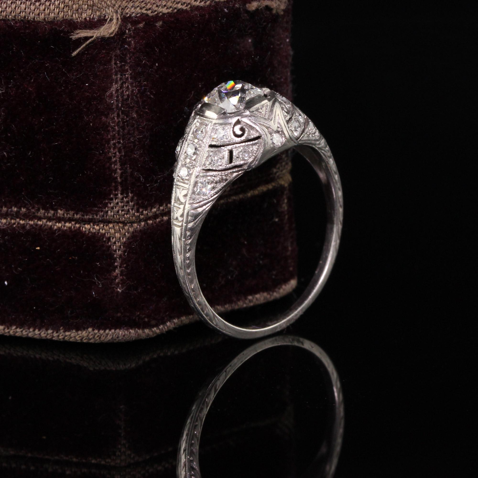 Beautiful Antique Art Deco Platinum Old Mine Diamond Engagement Ring. This beautiful engagement ring has an old mine cut diamond in the center of a beautiful platinum art deco mounting with incredible detail.

Item #R0724

Metal: Platinum

Center