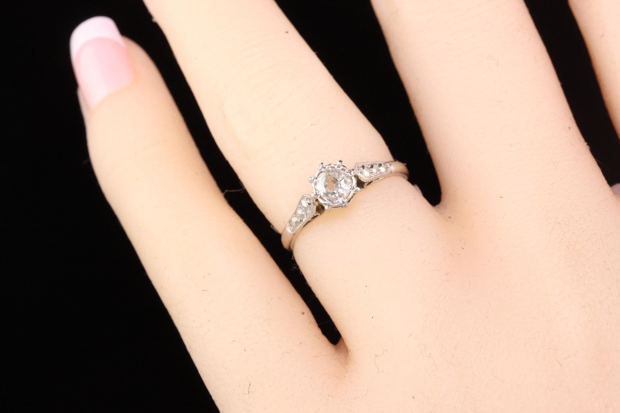 Antique Art Deco Platinum Old Mine Diamond Engagement Ring For Sale 1