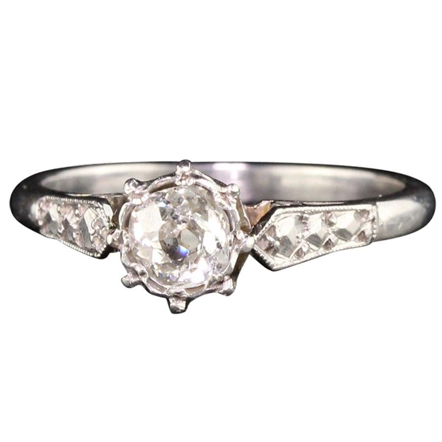 Antique Art Deco Platinum Old Mine Diamond Engagement Ring For Sale