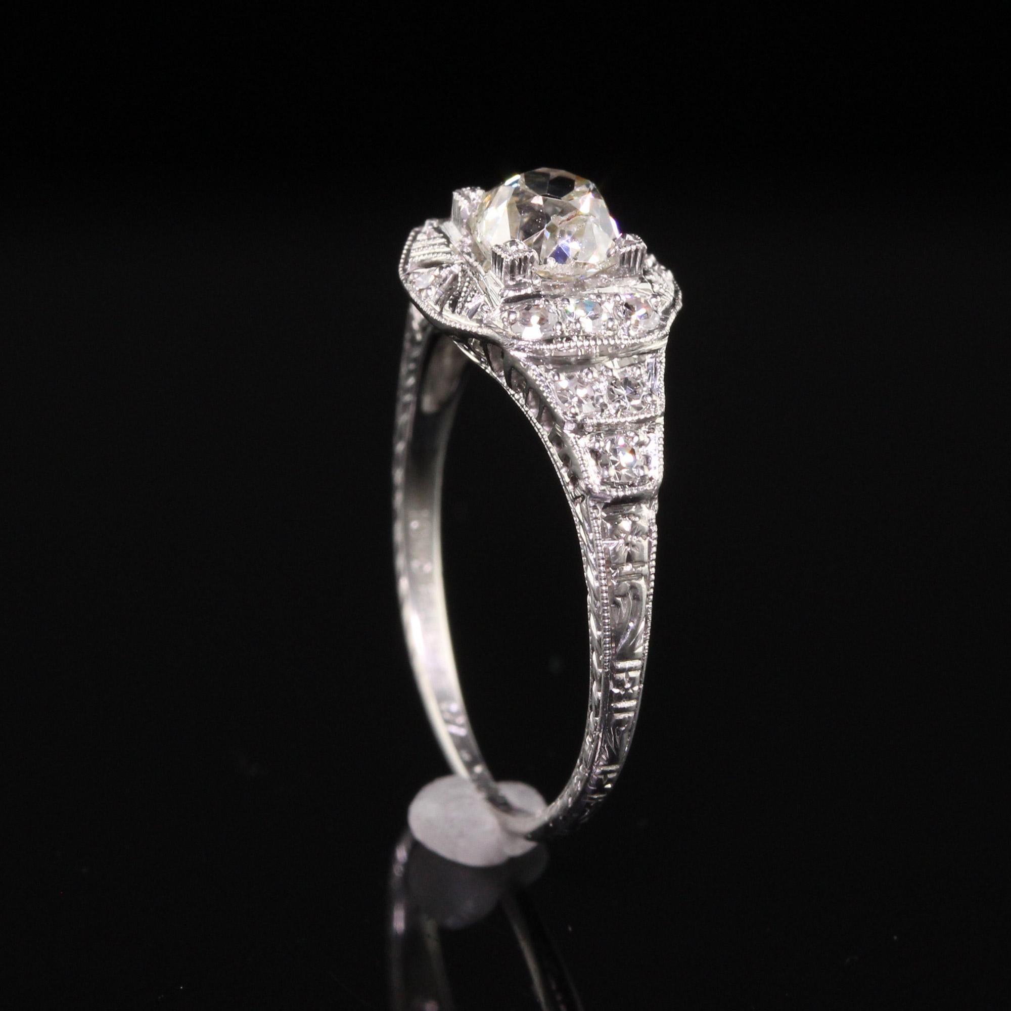 Women's Antique Art Deco Platinum Old Mine Diamond Engagement Ring, GIA