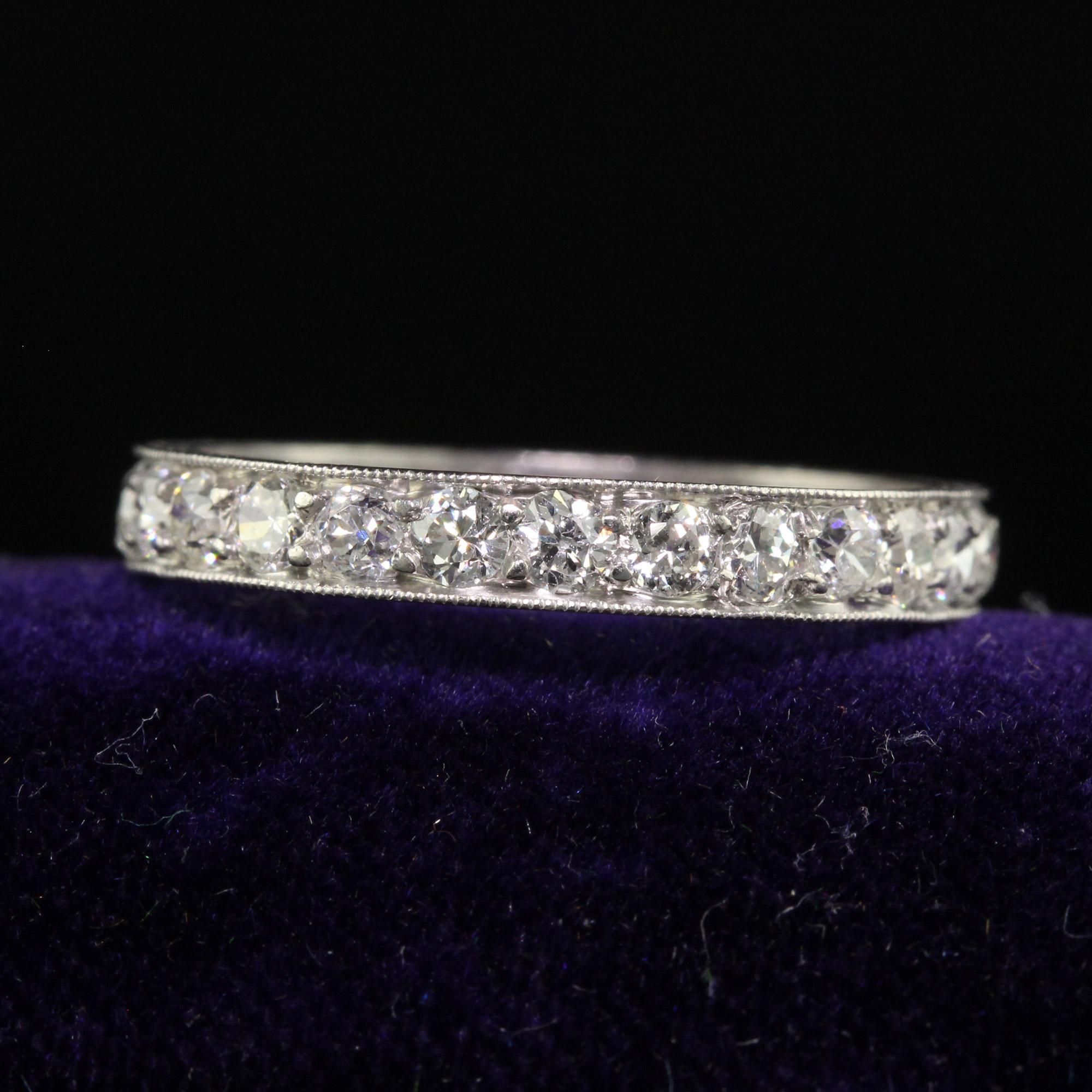 Beautiful Antique Art Deco Platinum Old Mine Diamond Engraved Eternity Band - Size 7 3/4. This incredible old mine diamond eternity band is crafted in platinum. The ring has old mine cut diamonds set around the entire band and the sides of the ring