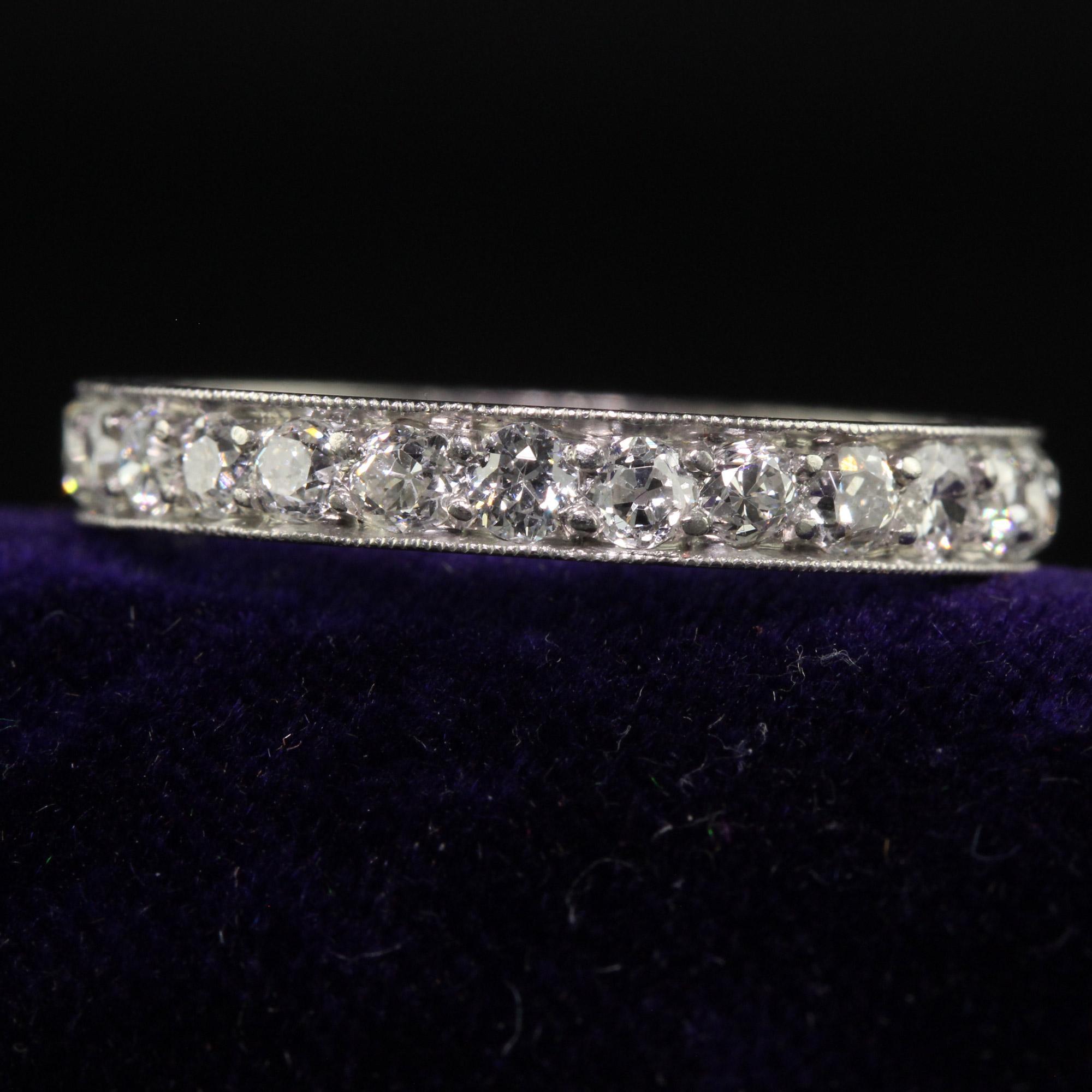 Antique Art Deco Platinum Old Mine Diamond Engraved Eternity Band - Size 7 3/4 In Good Condition For Sale In Great Neck, NY