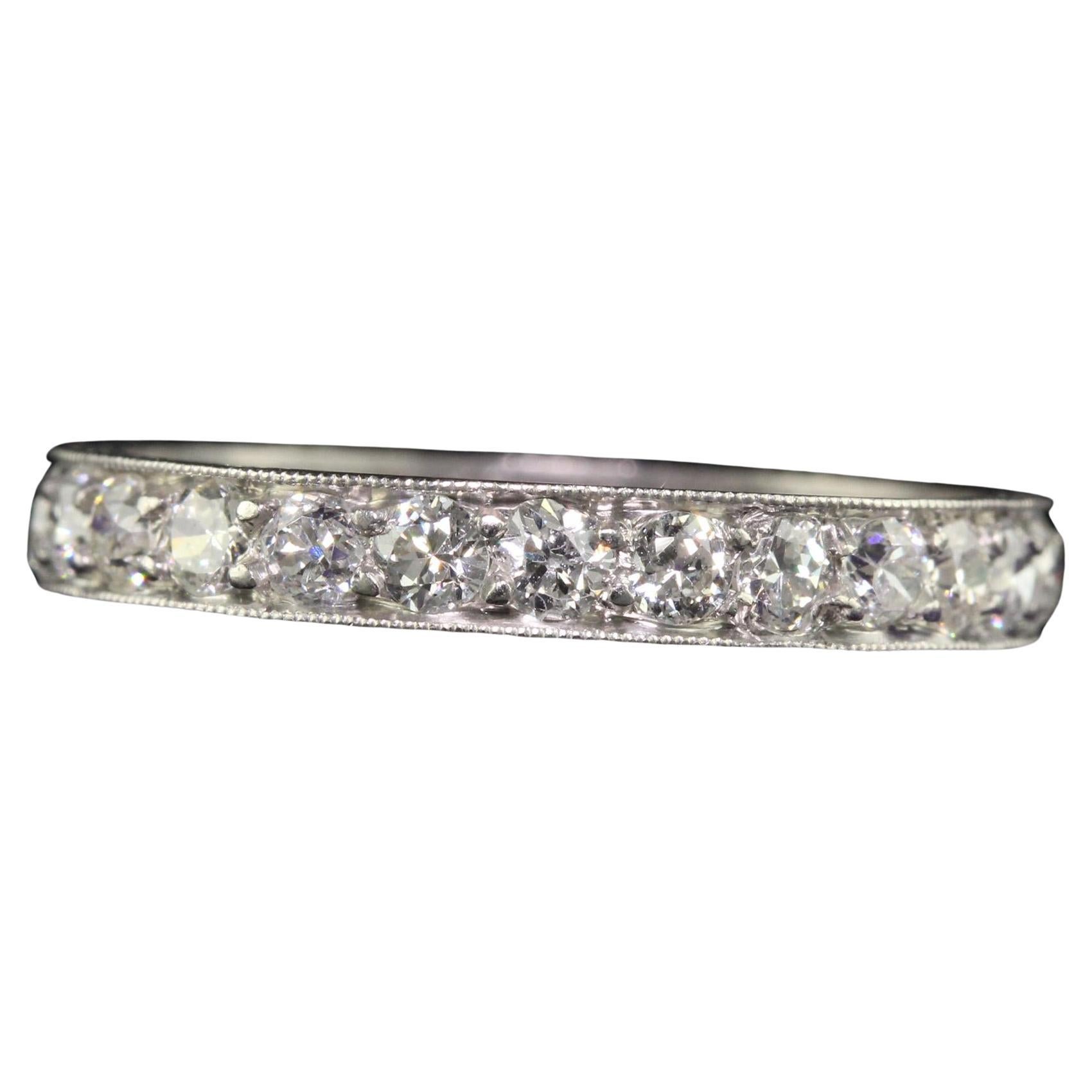 Antique Art Deco Platinum Old Mine Diamond Engraved Eternity Band - Size 7 3/4 For Sale