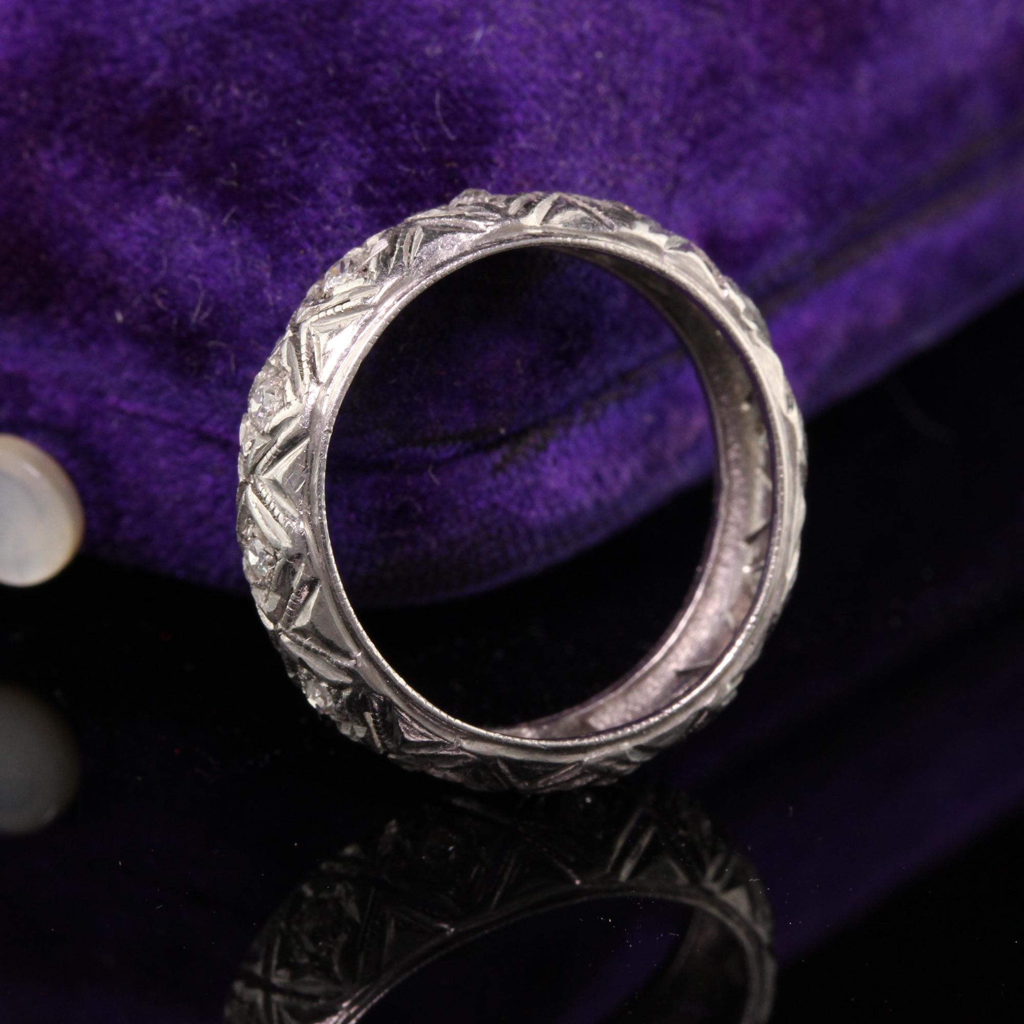 Beautiful Antique Art Deco Platinum Old Mine Diamond Eternity Wedding Band - Size 5 1/2. This classic engraved old mine diamond wedding band is in good condition and has hand engravings all around it.

Item #R0898

Metal: Platinum

Weight: 2.3