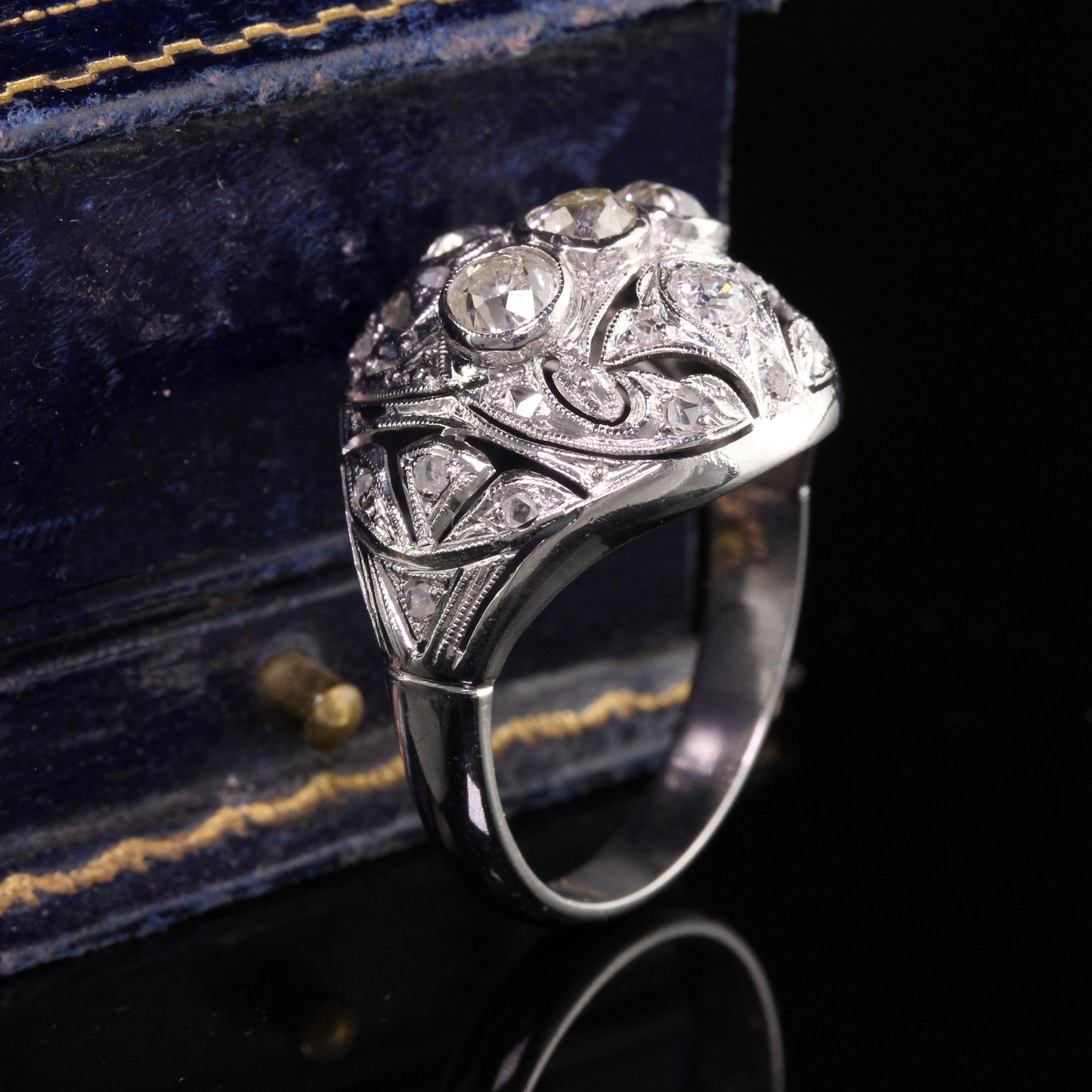 Rose Cut Antique Art Deco Platinum Old Mine Diamond Filigree Cocktail Ring For Sale