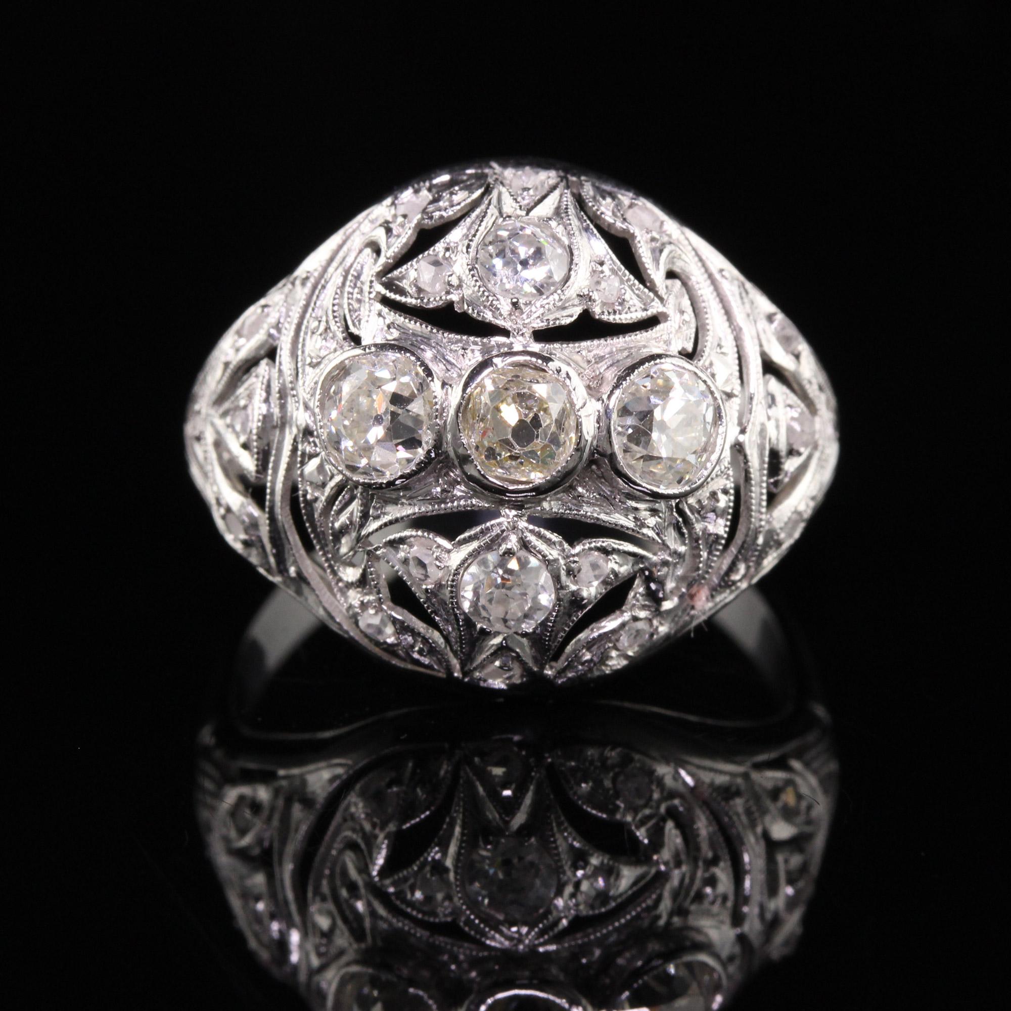 Antique Art Deco Platinum Old Mine Diamond Filigree Cocktail Ring In Good Condition For Sale In Great Neck, NY