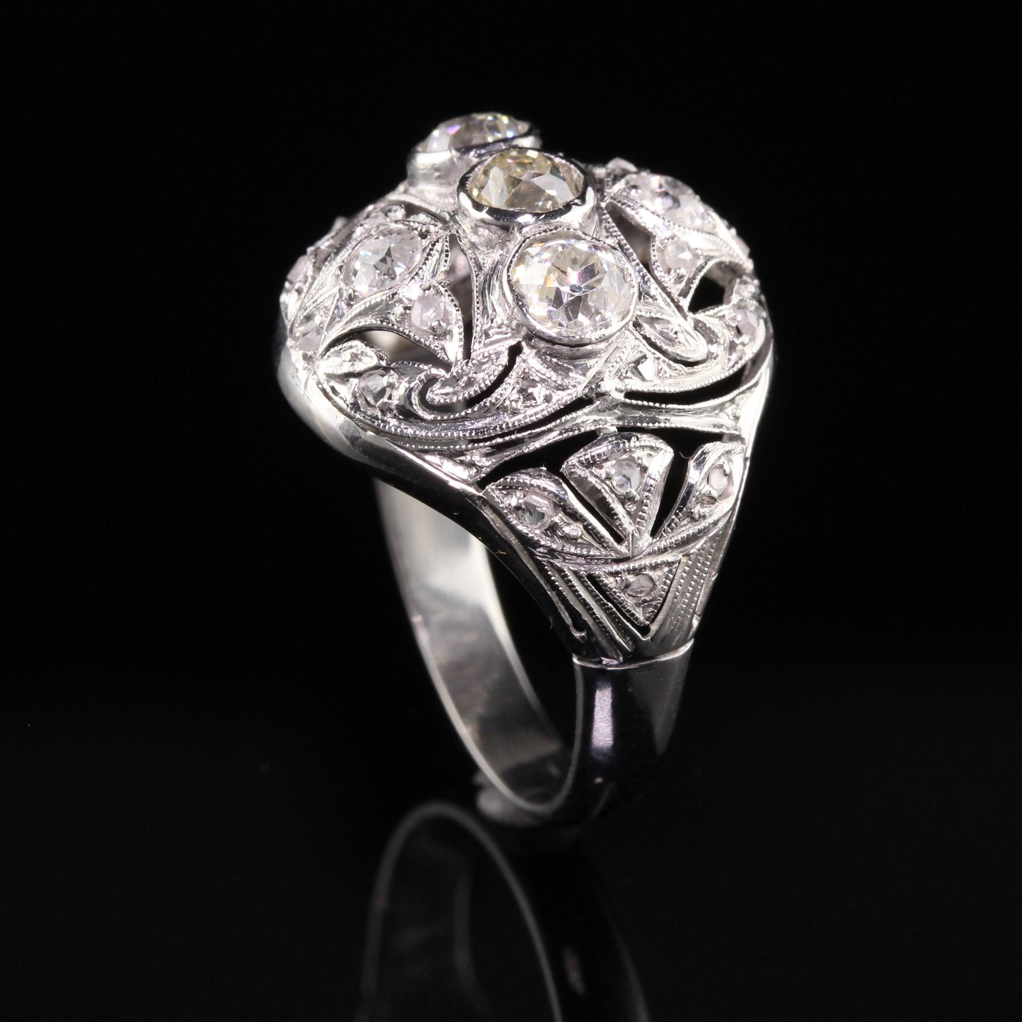 Antique Art Deco Platinum Old Mine Diamond Filigree Cocktail Ring For Sale 1