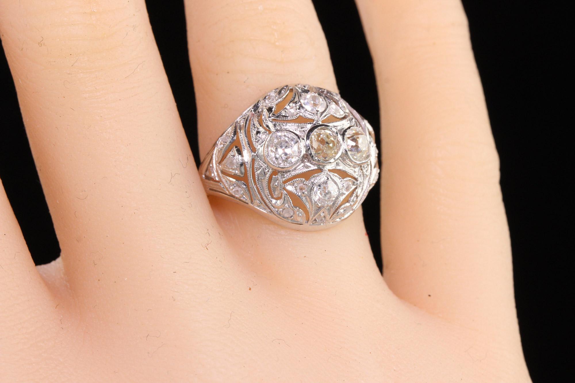 Antique Art Deco Platinum Old Mine Diamond Filigree Cocktail Ring For Sale 2