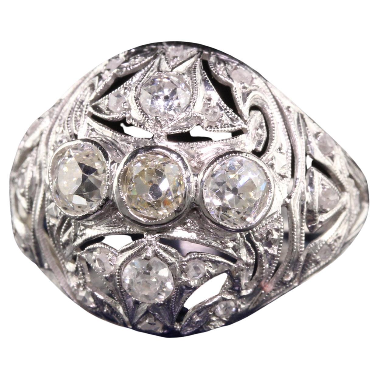 Antique Art Deco Platinum Old Mine Diamond Filigree Cocktail Ring For Sale