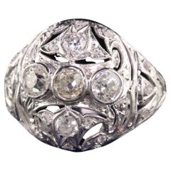 Antique Art Deco Platinum Old Mine Diamond Filigree Cocktail Ring