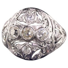 Antique Art Deco Platinum Old Mine Diamond Filigree Cocktail Ring