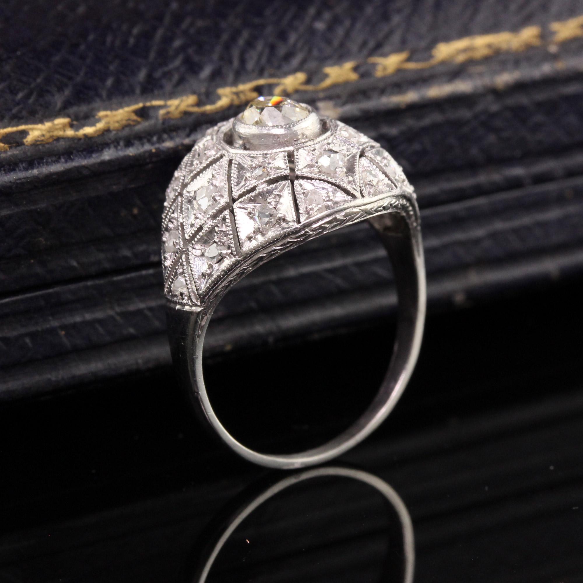 Old Mine Cut Antique Art Deco Platinum Old Mine Diamond Filigree Domed Ring For Sale