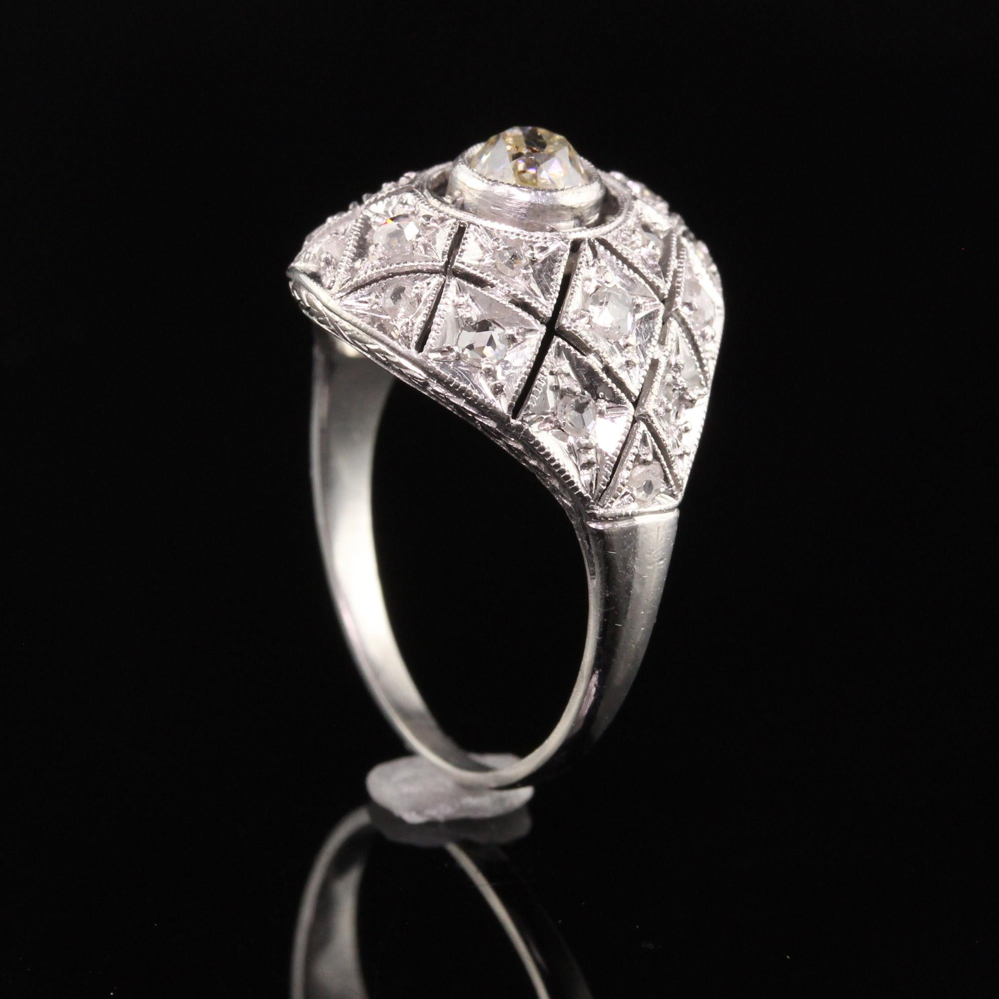 Antique Art Deco Platinum Old Mine Diamond Filigree Domed Ring For Sale 1