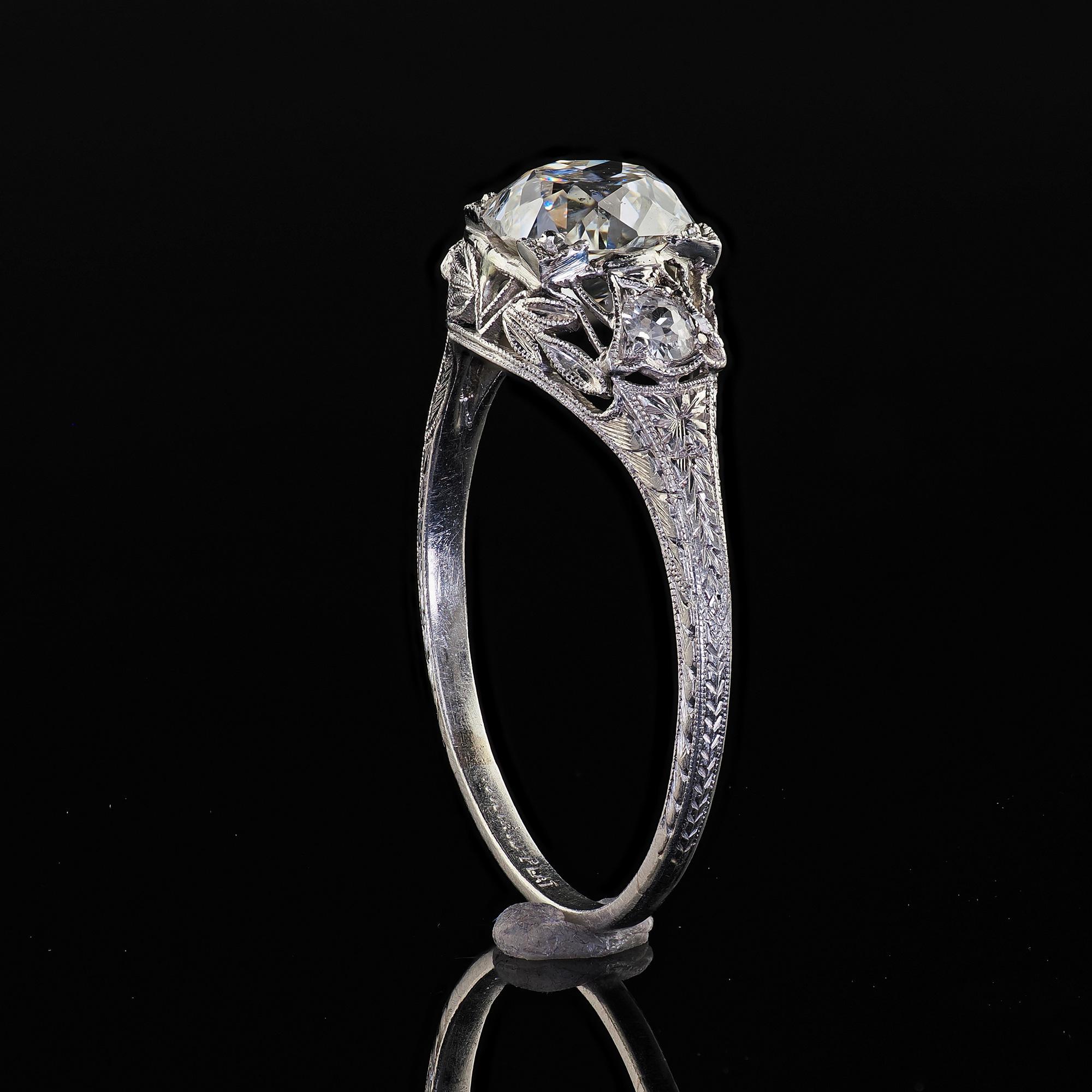 Antique Art Deco Platinum Old Mine Diamond Filigree Engagement Ring For Sale 5