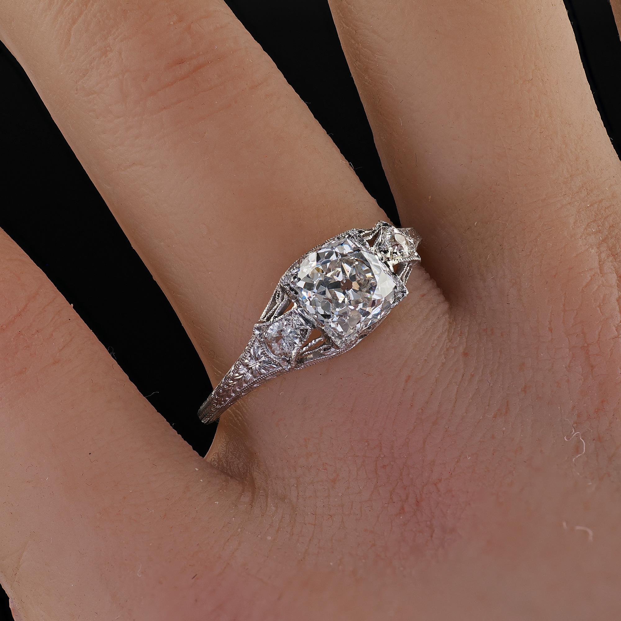 Antique Art Deco Platinum Old Mine Diamond Filigree Engagement Ring For Sale 6