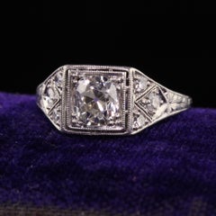 Antique Art Deco Platinum Old Mine Diamond Filigree Engagement Ring