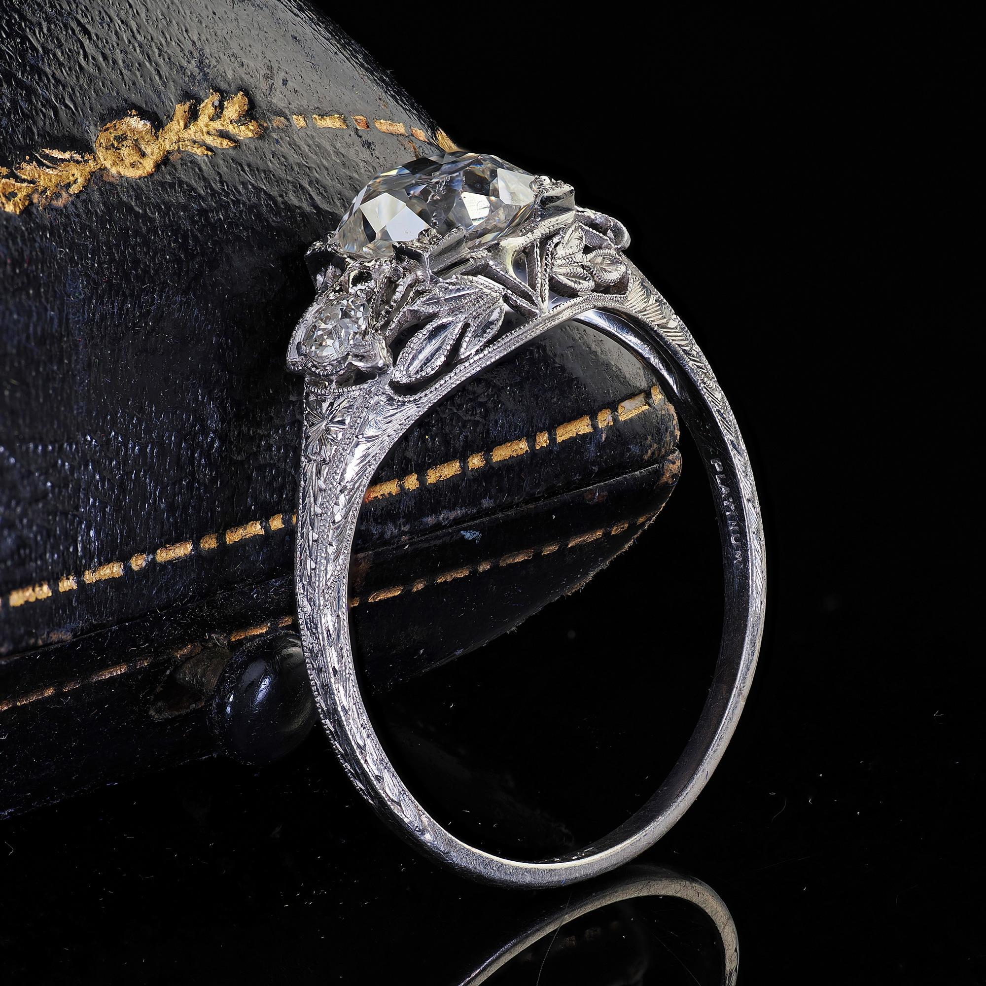 Old Mine Cut Antique Art Deco Platinum Old Mine Diamond Filigree Engagement Ring For Sale