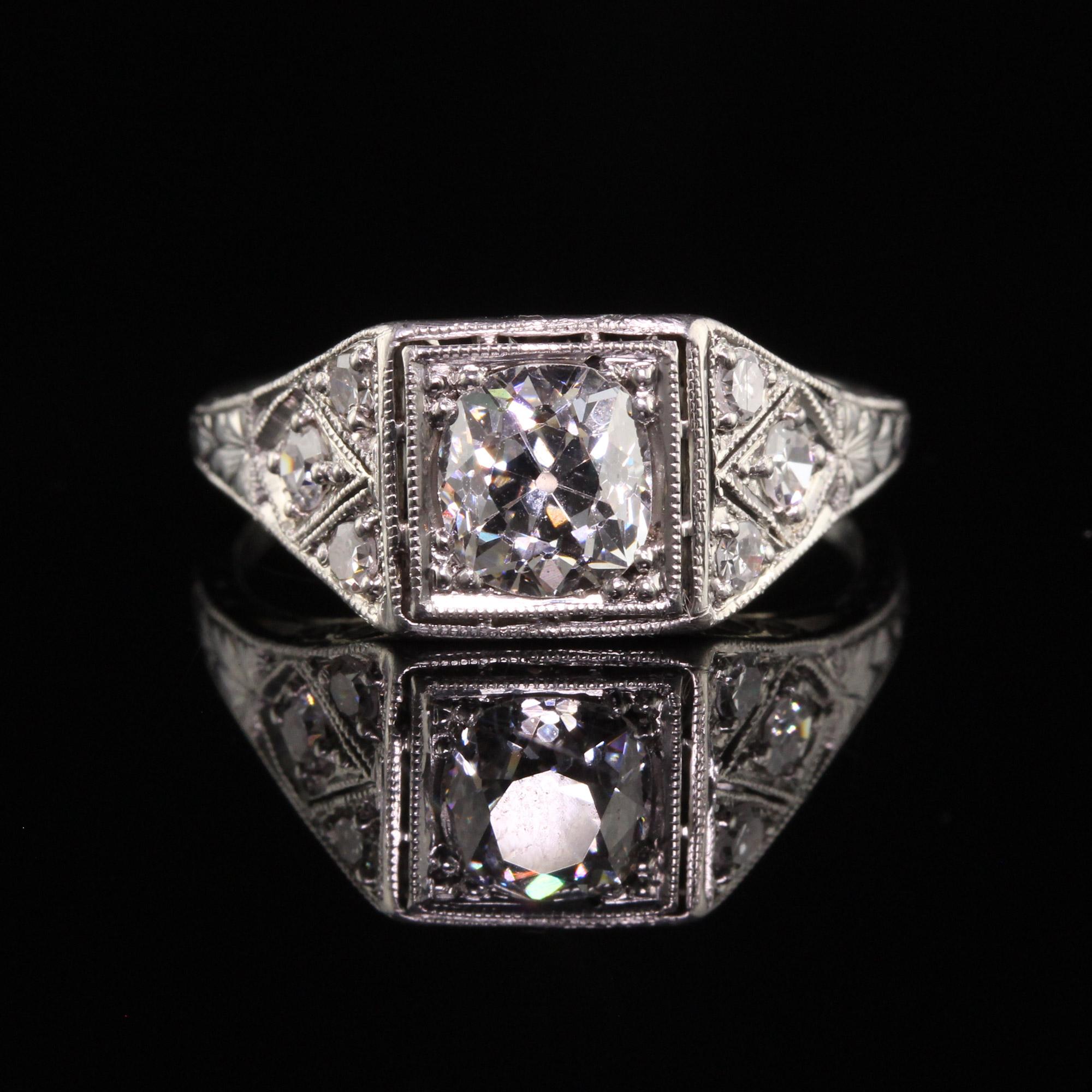 Old Mine Cut Antique Art Deco Platinum Old Mine Diamond Filigree Engagement Ring