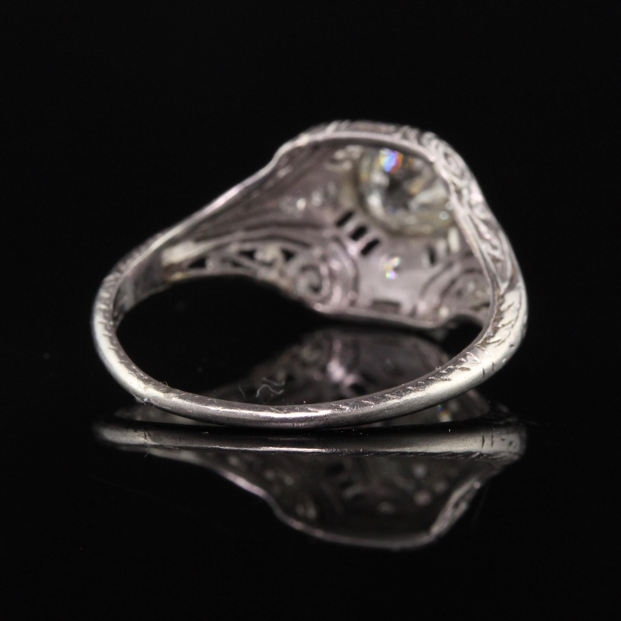 Old Mine Cut Antique Art Deco Platinum Old Mine Diamond Filigree Engagement Ring For Sale