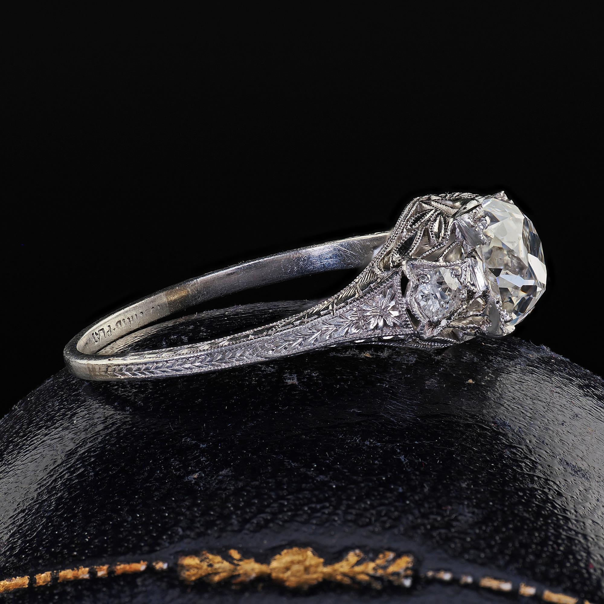 Women's Antique Art Deco Platinum Old Mine Diamond Filigree Engagement Ring For Sale
