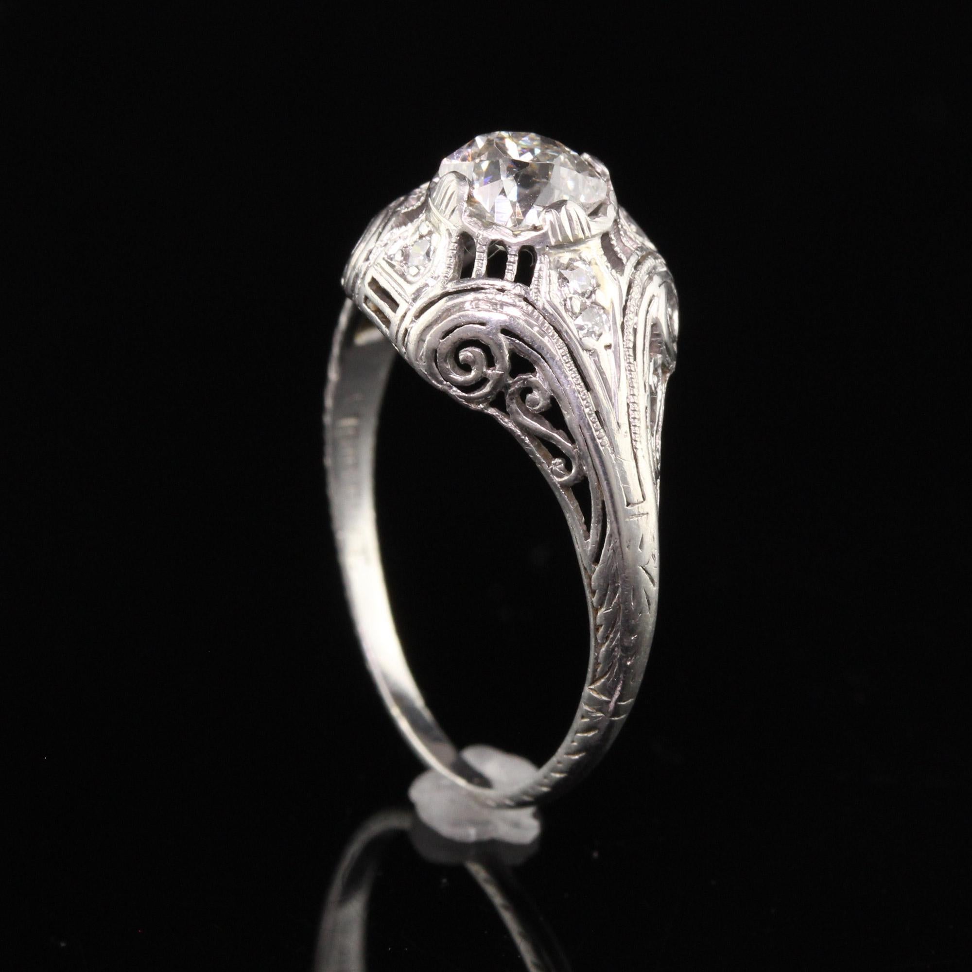 Antique Art Deco Platinum Old Mine Diamond Filigree Engagement Ring In Good Condition For Sale In Great Neck, NY