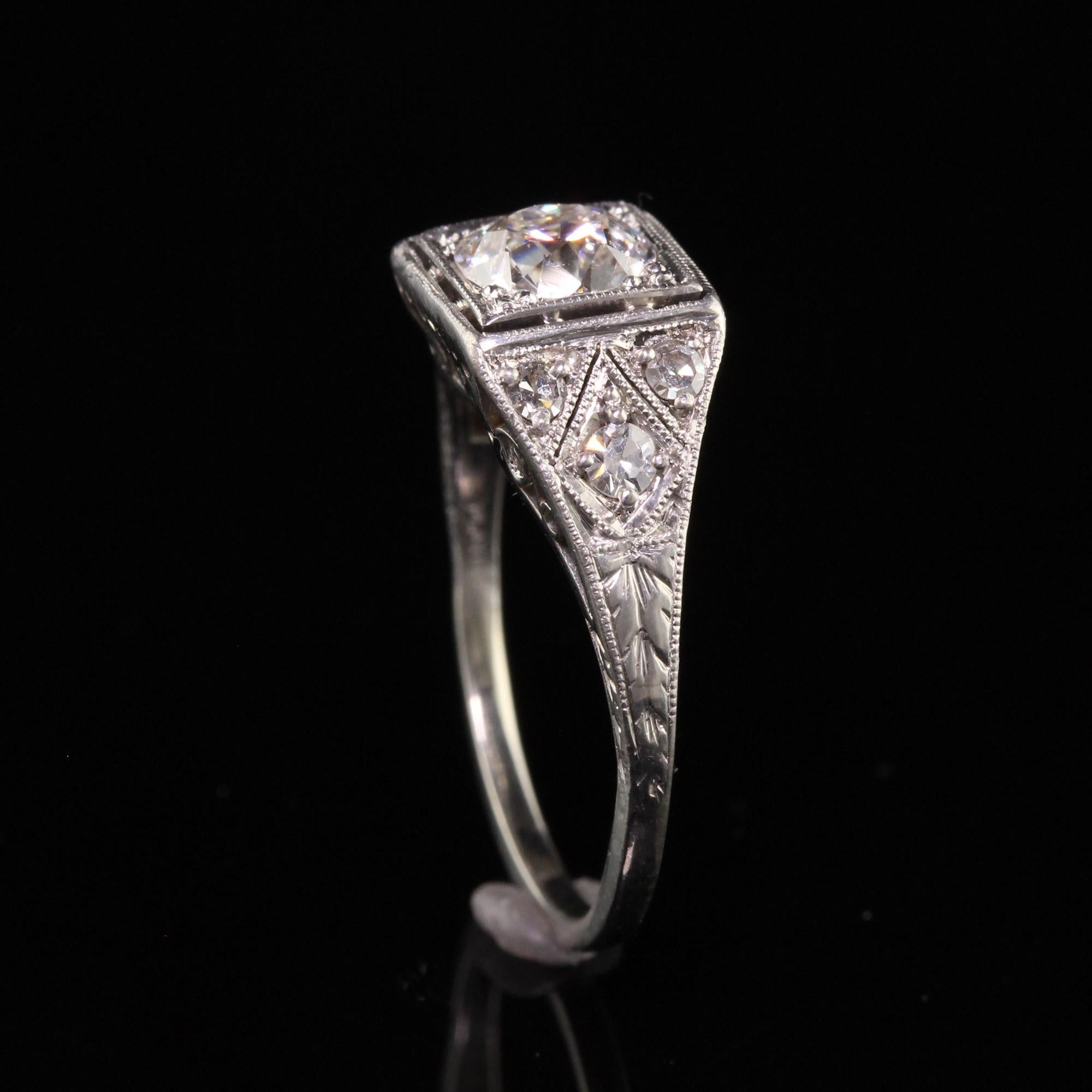 Women's Antique Art Deco Platinum Old Mine Diamond Filigree Engagement Ring