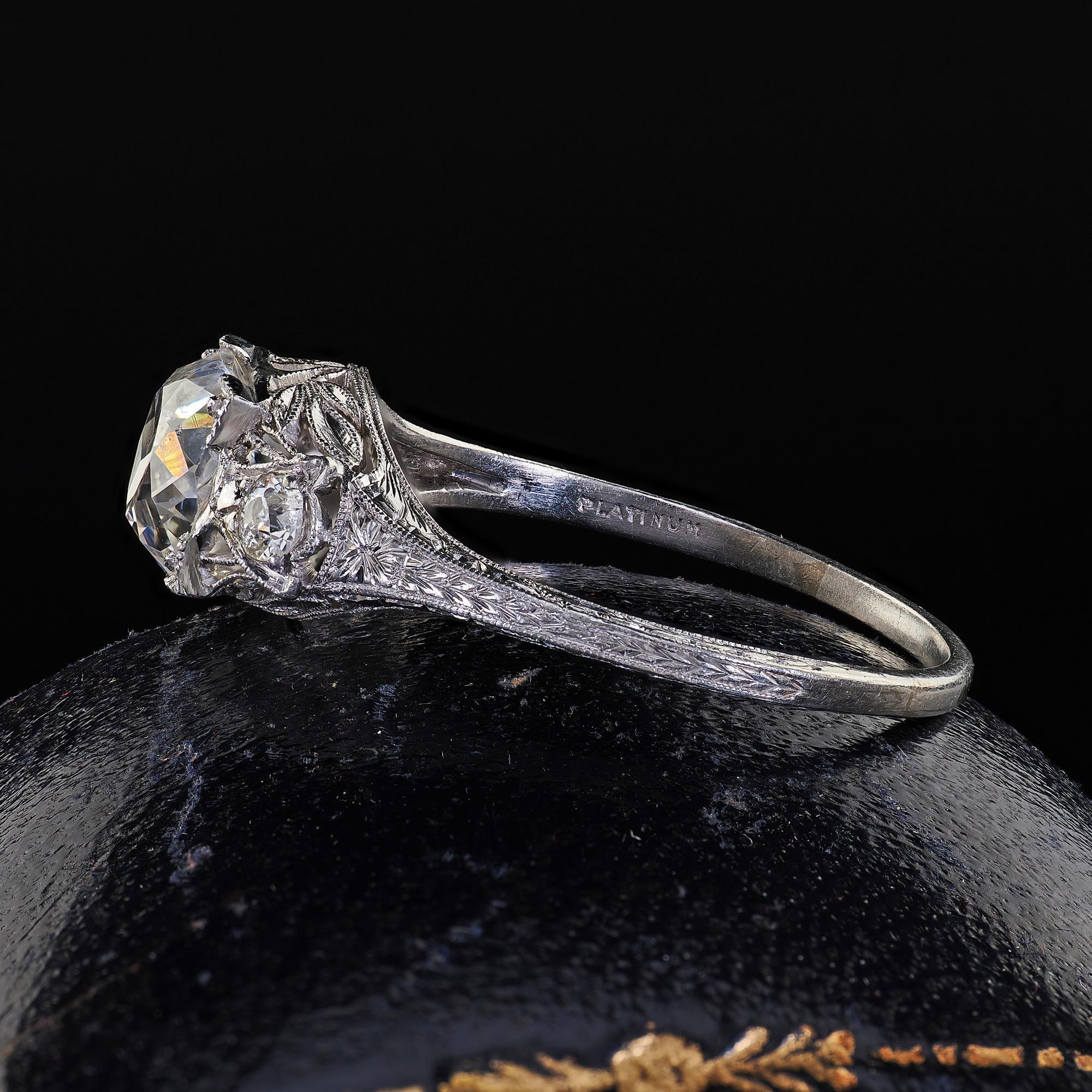 Antique Art Deco Platinum Old Mine Diamond Filigree Engagement Ring For Sale 1
