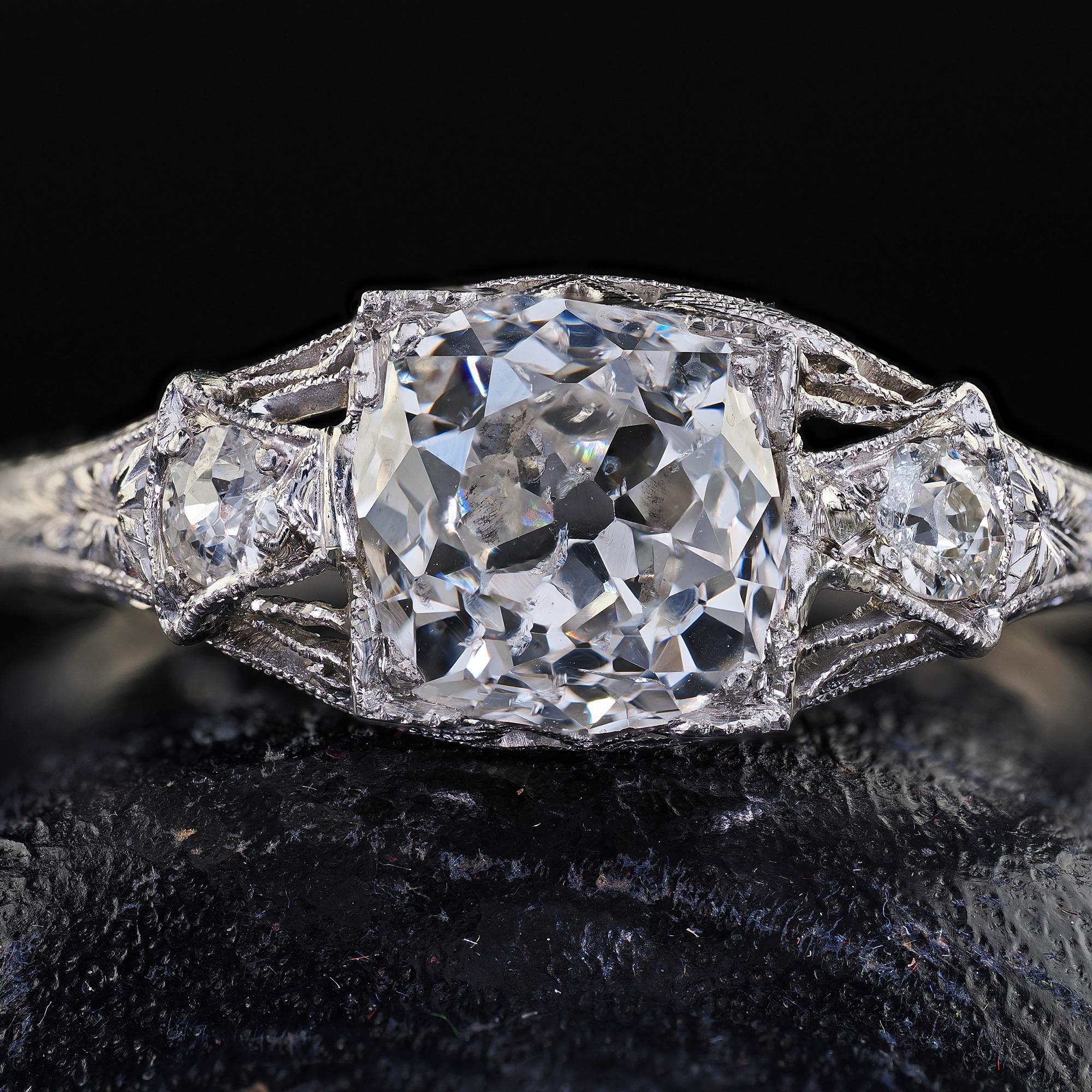 Antique Art Deco Platinum Old Mine Diamond Filigree Engagement Ring For Sale 2