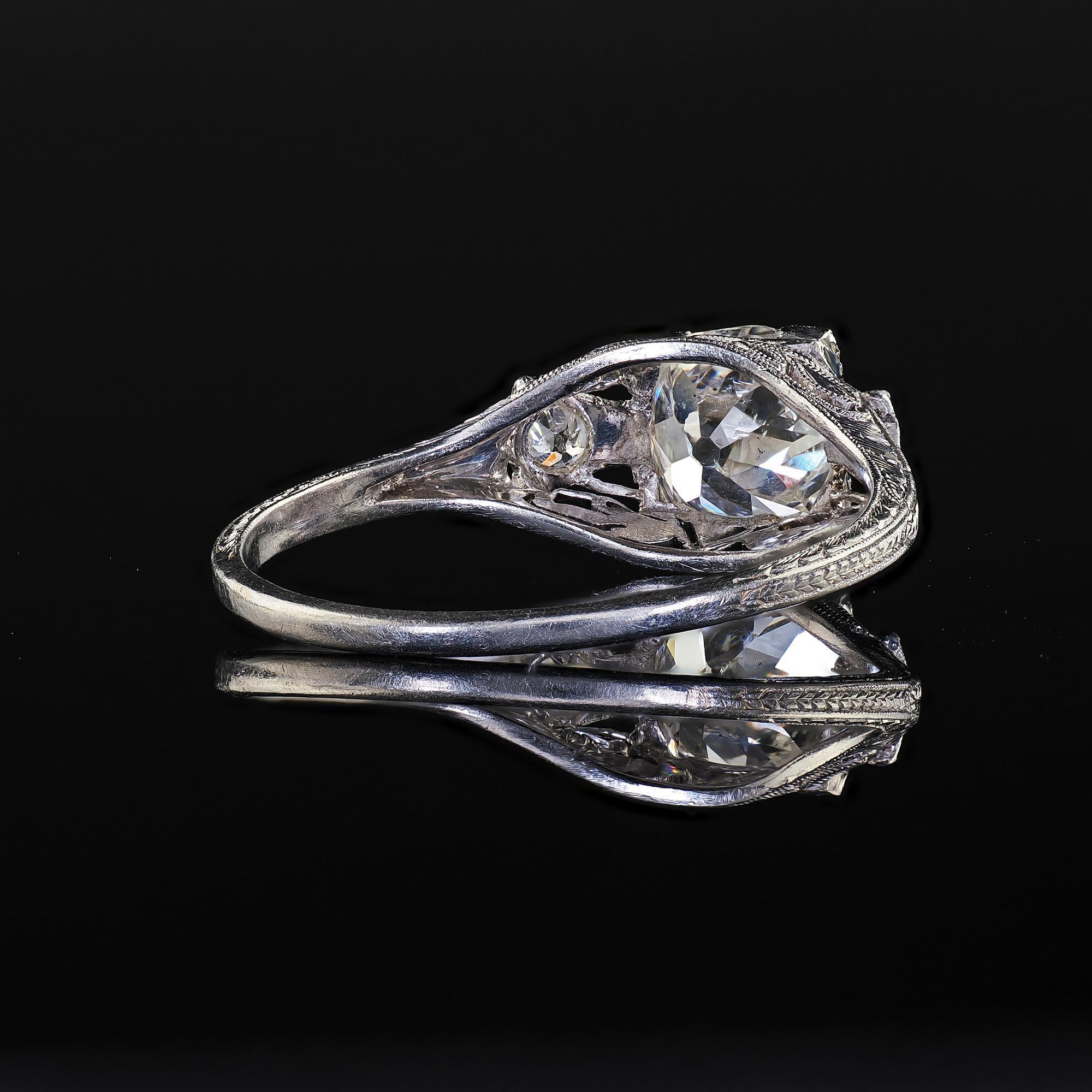 Antique Art Deco Platinum Old Mine Diamond Filigree Engagement Ring For Sale 4