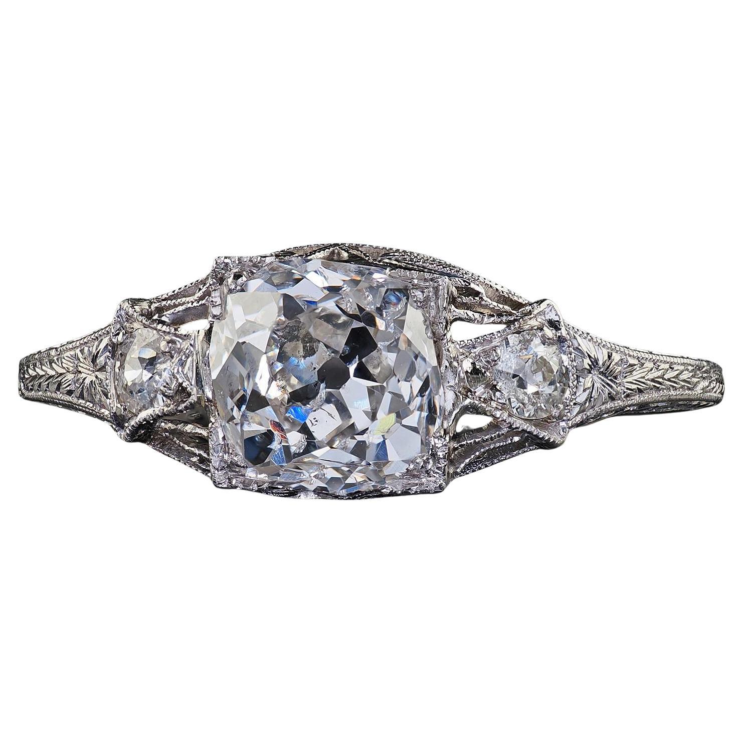 Antique Art Deco Platinum Old Mine Diamond Filigree Engagement Ring For Sale
