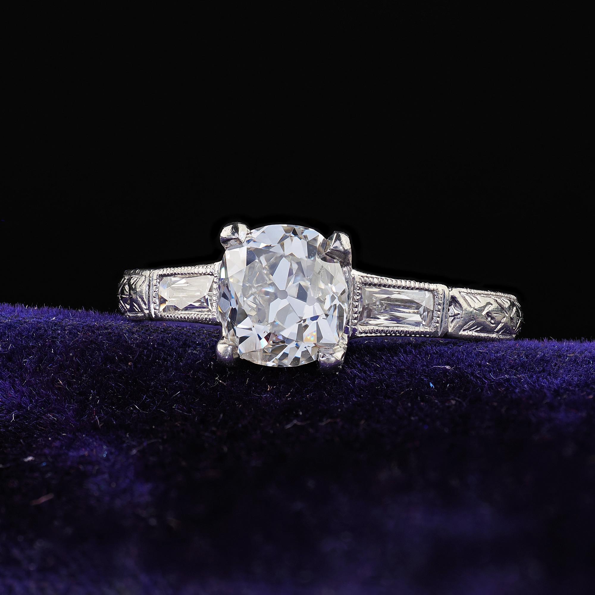 Beautiful Antique Art Deco Platinum Old Mine Diamond French Cut Engagement Ring - GIA. This incredible Art Deco old mine diamond engagement ring is crafted in platinum. This ring features an old mine cut diamond in the center that has a GIA report.