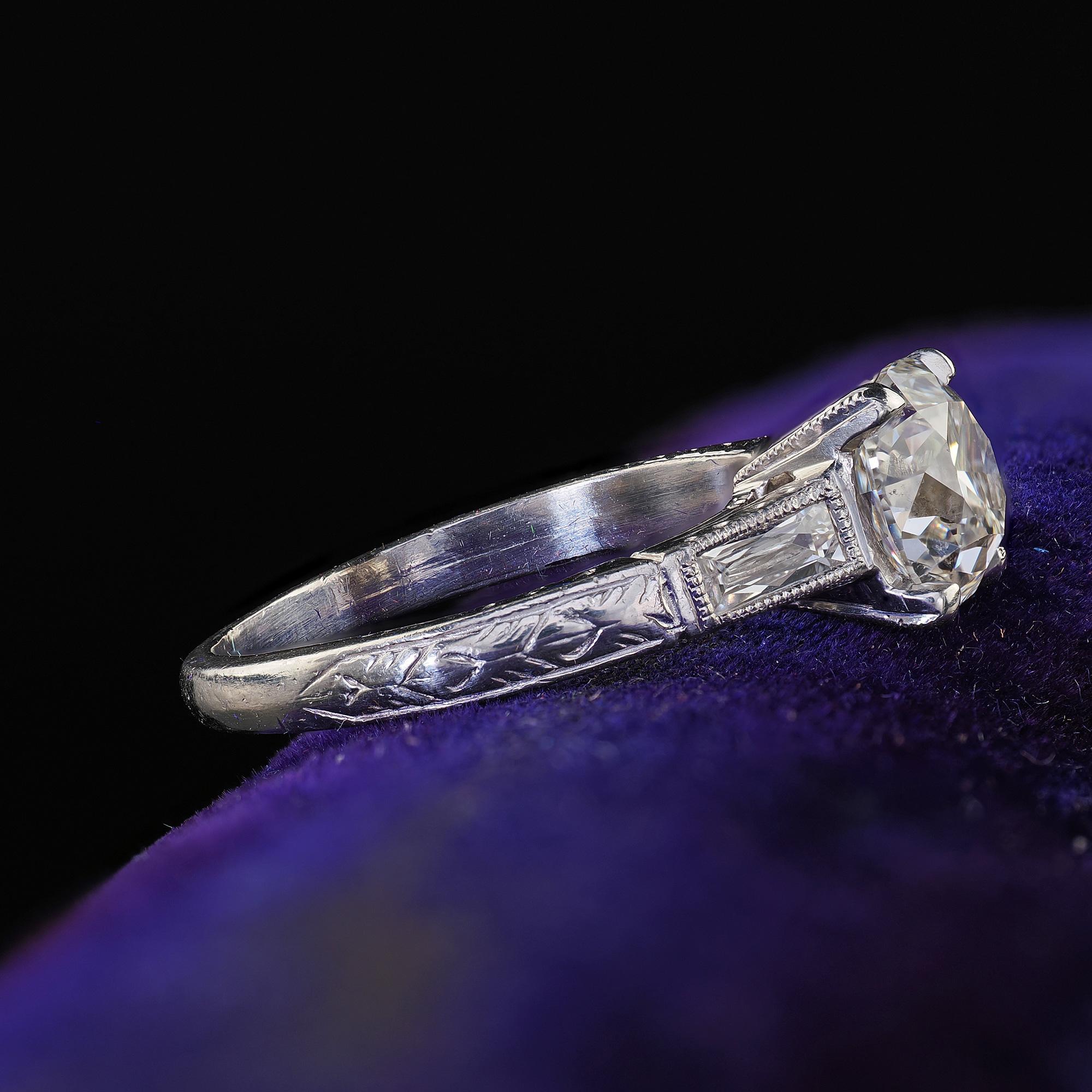 Women's Antique Art Deco Platinum Old Mine Diamond French Cut Engagement Ring - GIA