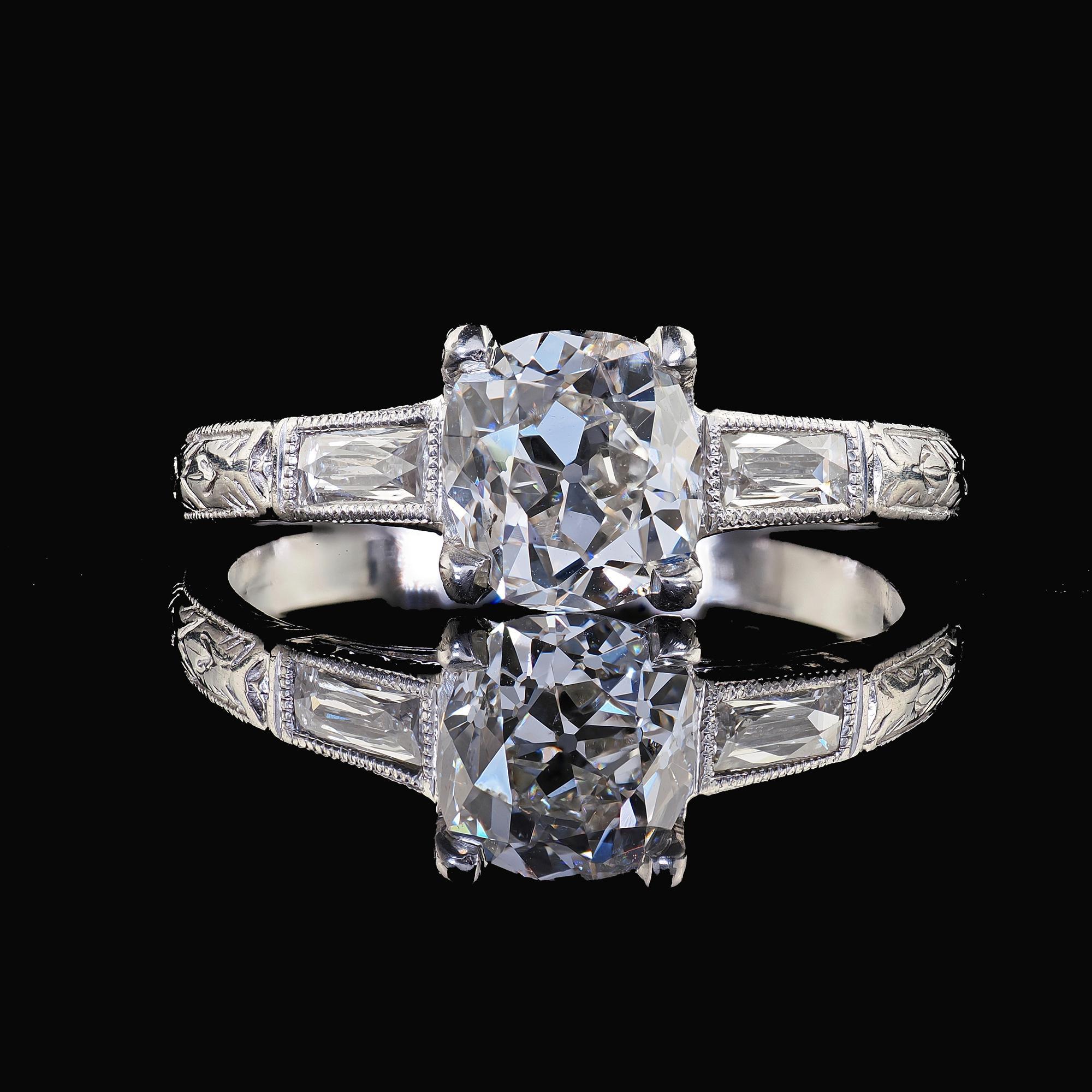 Antique Art Deco Platinum Old Mine Diamond French Cut Engagement Ring - GIA 2