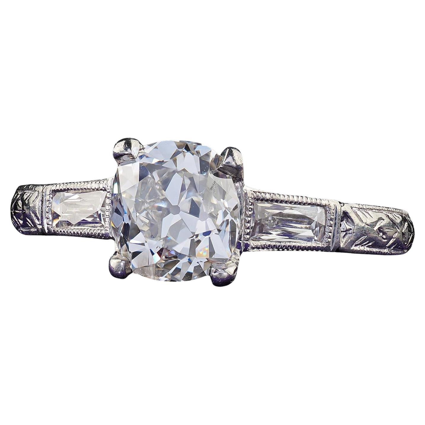 Antique Art Deco Platinum Old Mine Diamond French Cut Engagement Ring - GIA