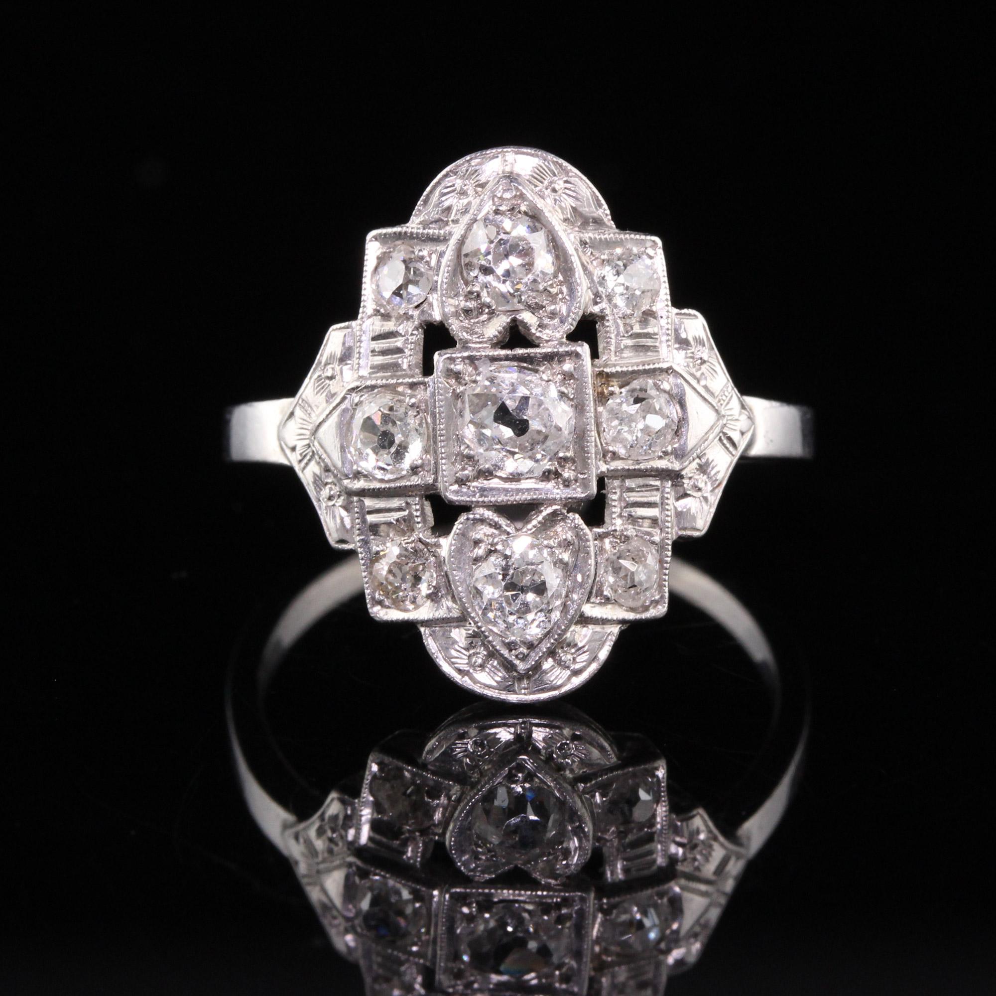 Antique Art Deco Platinum Old Mine Diamond Heart Design Shield Ring In Good Condition In Great Neck, NY