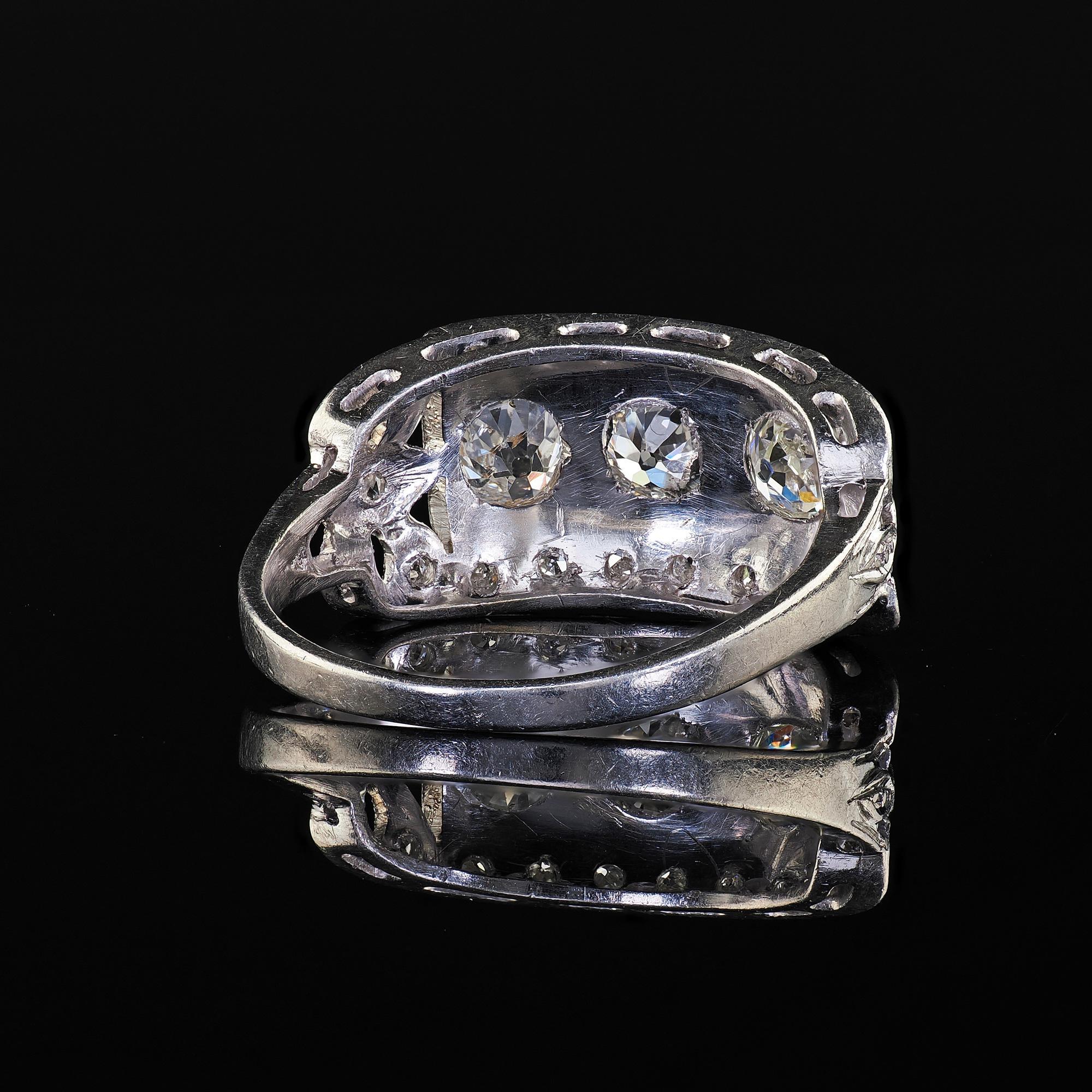 Antique Art Deco Platinum Old Mine Diamond Three Stone Ribbon Motif Ring For Sale 3
