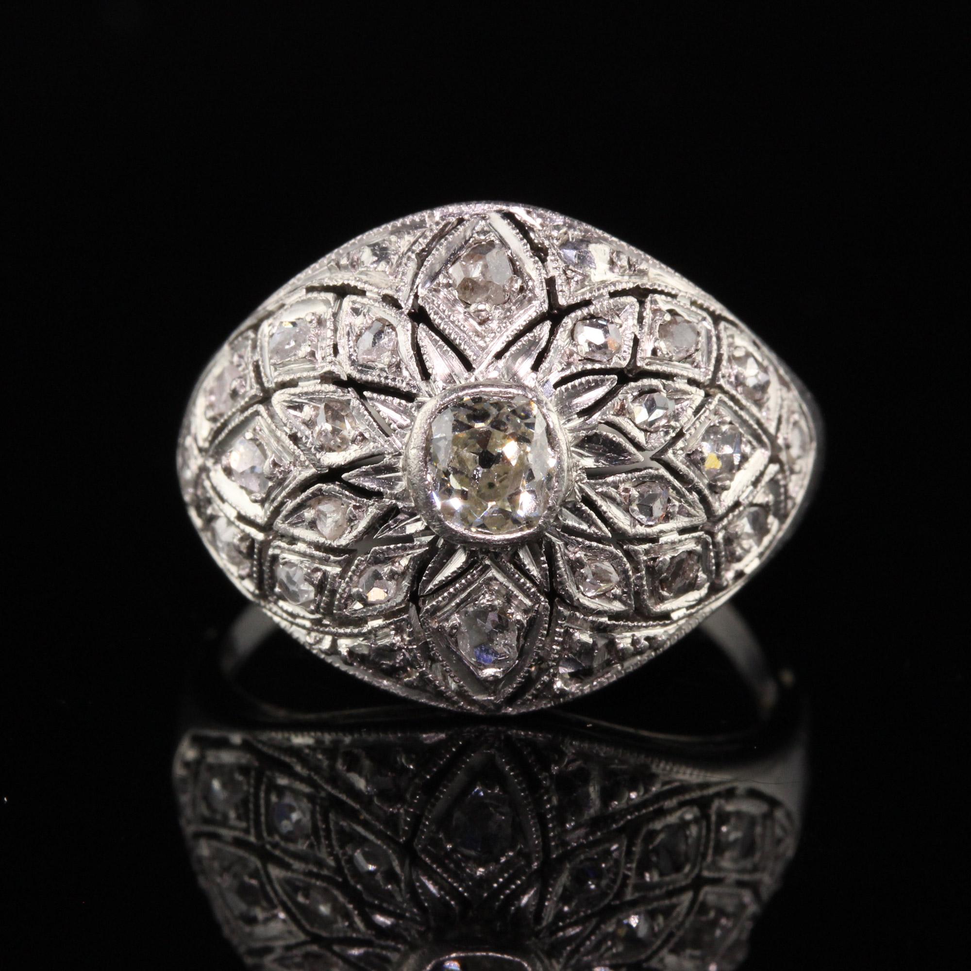 Women's Antique Art Deco Platinum Old Mine Rose Cut Diamond Domed Bombe Ring