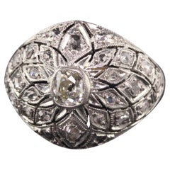 Antique Art Deco Platinum Old Mine Rose Cut Diamond Domed Bombe Ring