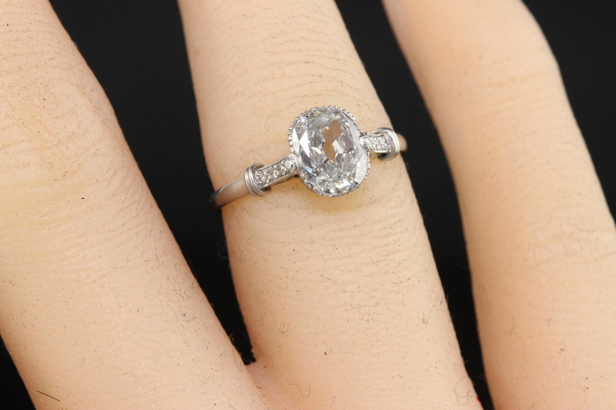 Antique Art Deco Platinum Old Oval Cut Diamond Engagement Ring For Sale 4