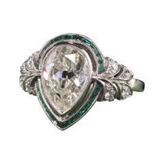 Antique Art Deco Platinum Old Pear Shape Diamond Emerald Halo Engagement Ring