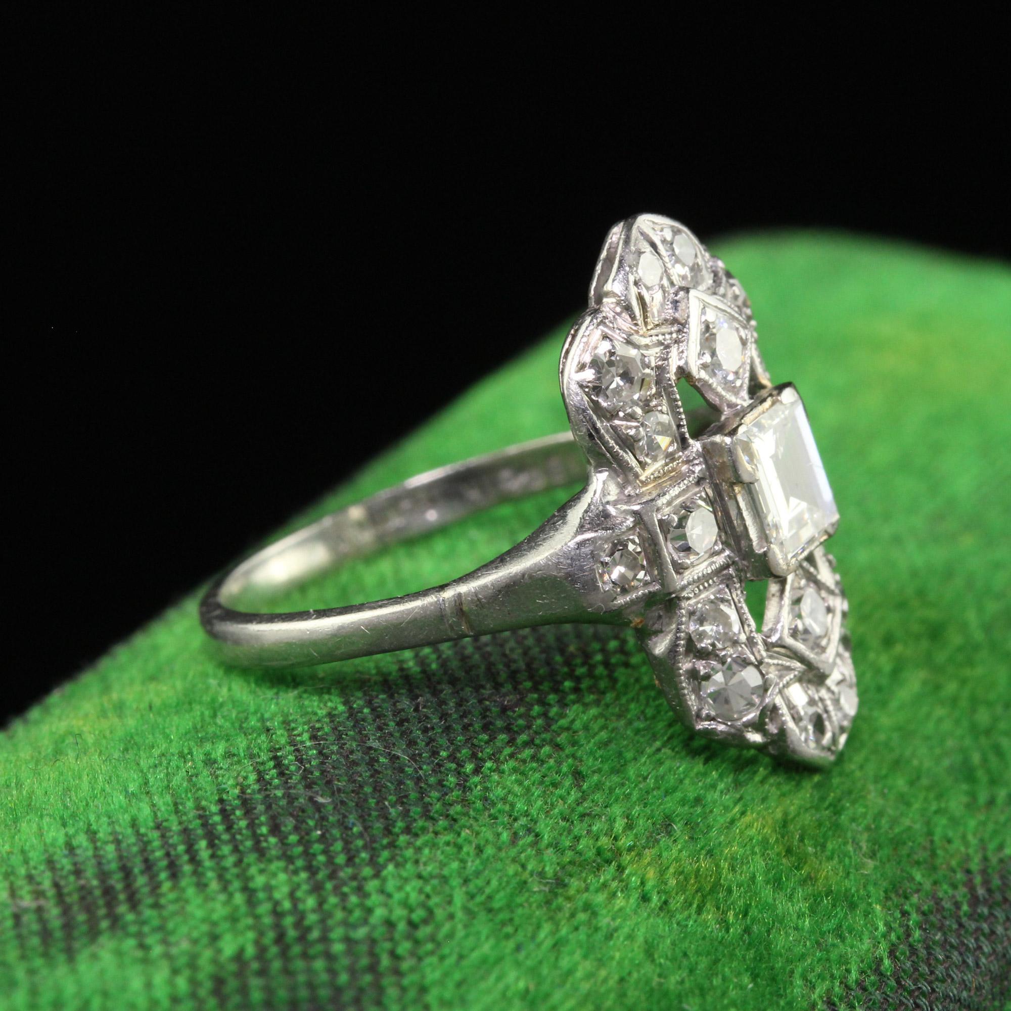 Antique Art Deco Platinum Old Step Cut Diamond Shield Ring In Good Condition For Sale In Great Neck, NY