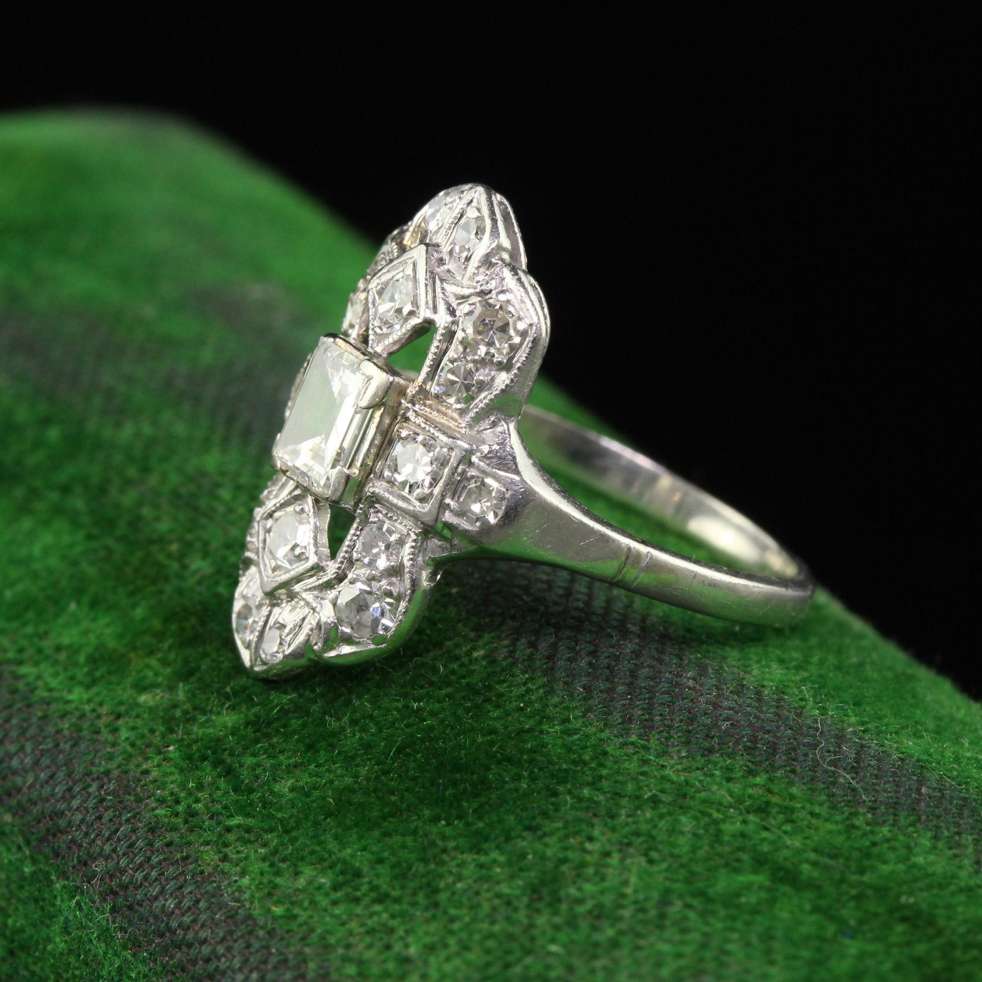 Women's Antique Art Deco Platinum Old Step Cut Diamond Shield Ring For Sale