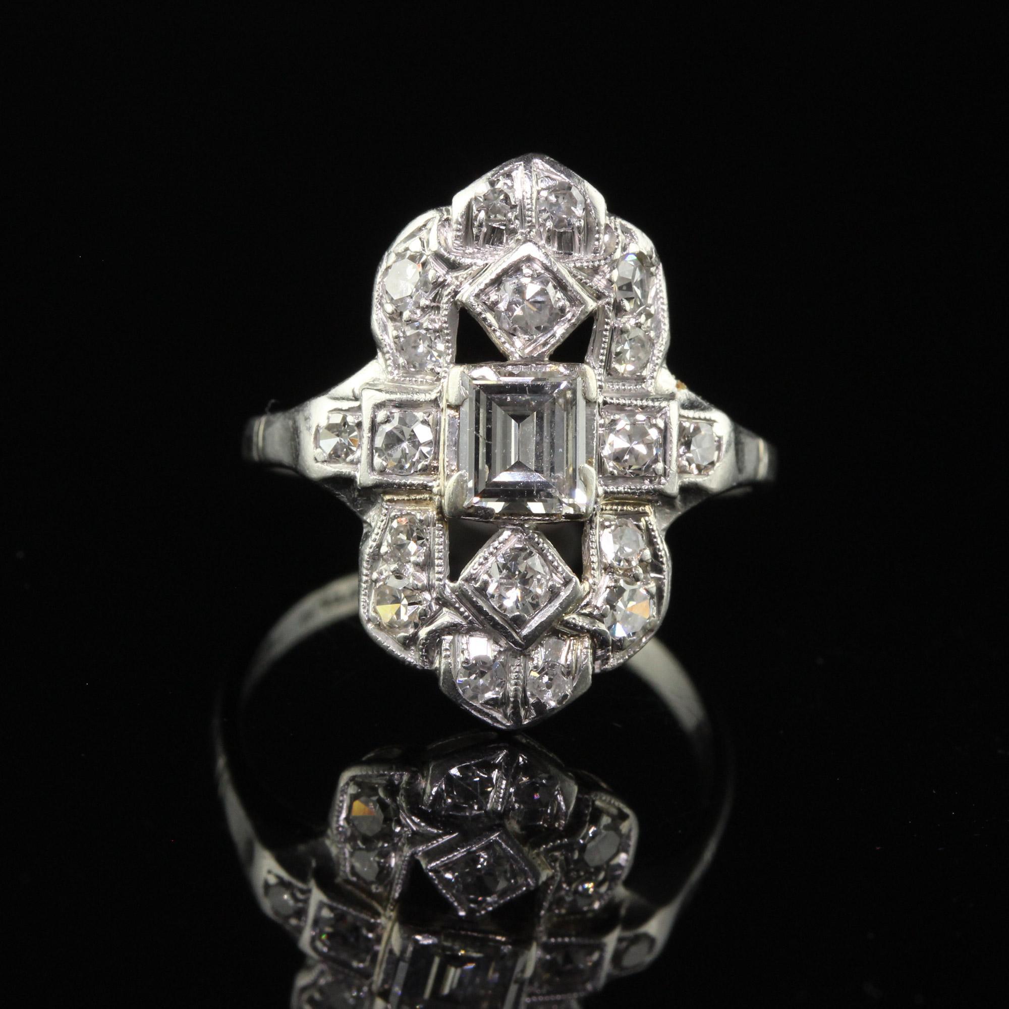 Antique Art Deco Platinum Old Step Cut Diamond Shield Ring For Sale 1