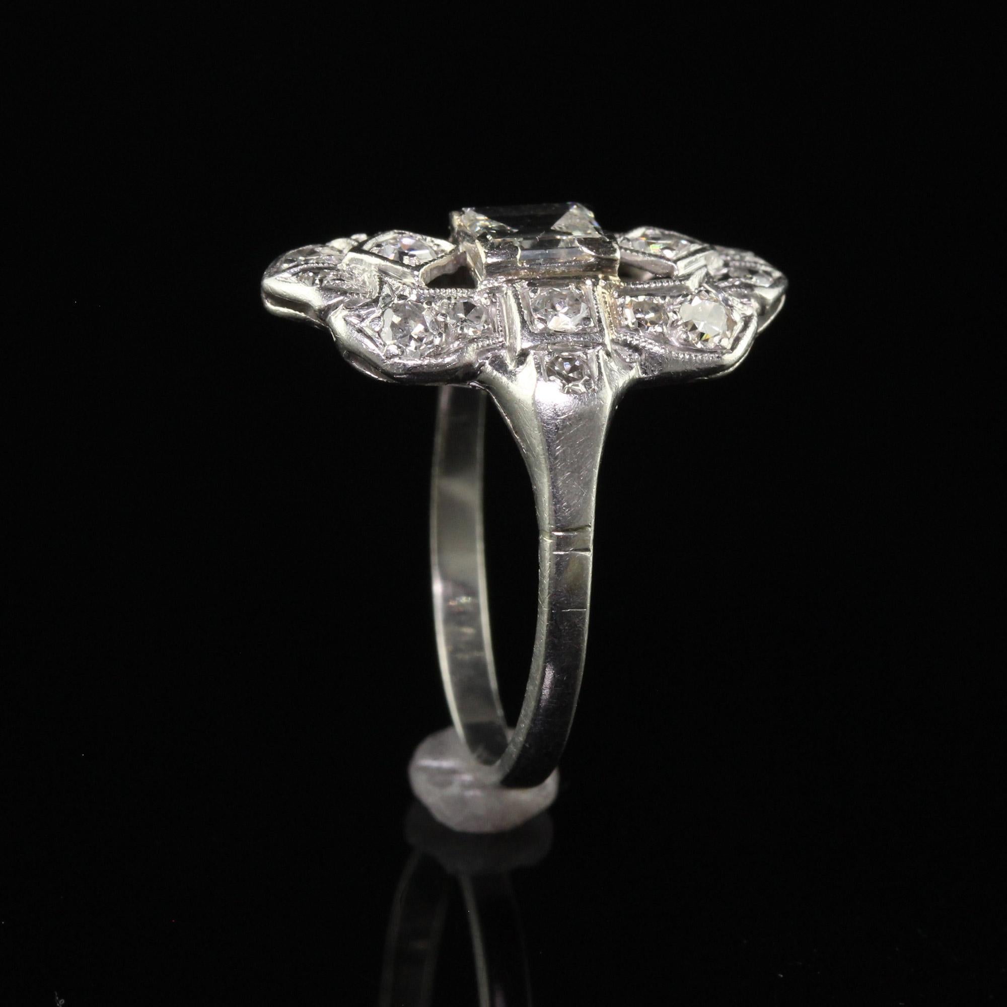 Antique Art Deco Platinum Old Step Cut Diamond Shield Ring For Sale 3
