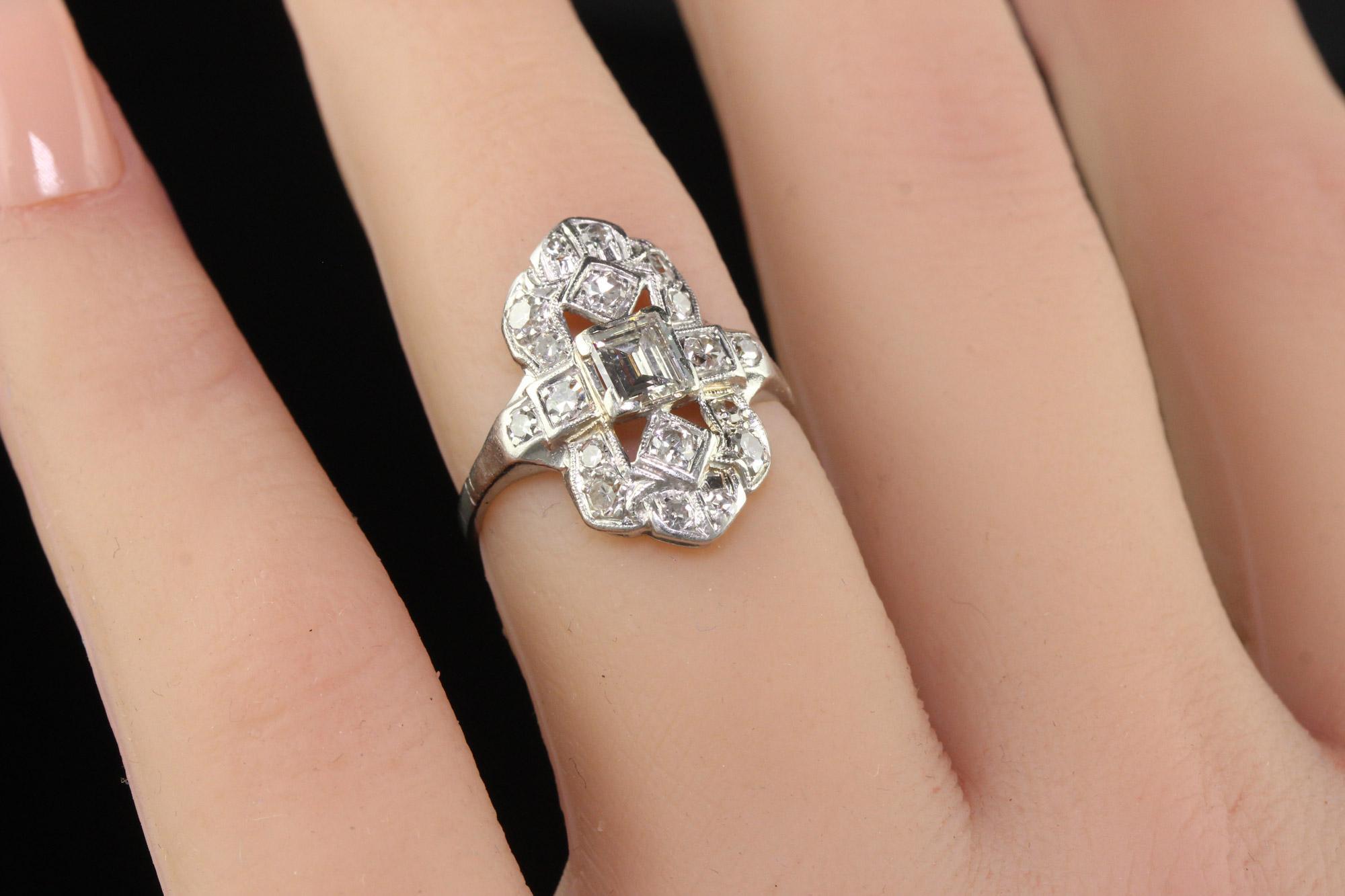 Antique Art Deco Platinum Old Step Cut Diamond Shield Ring For Sale 4